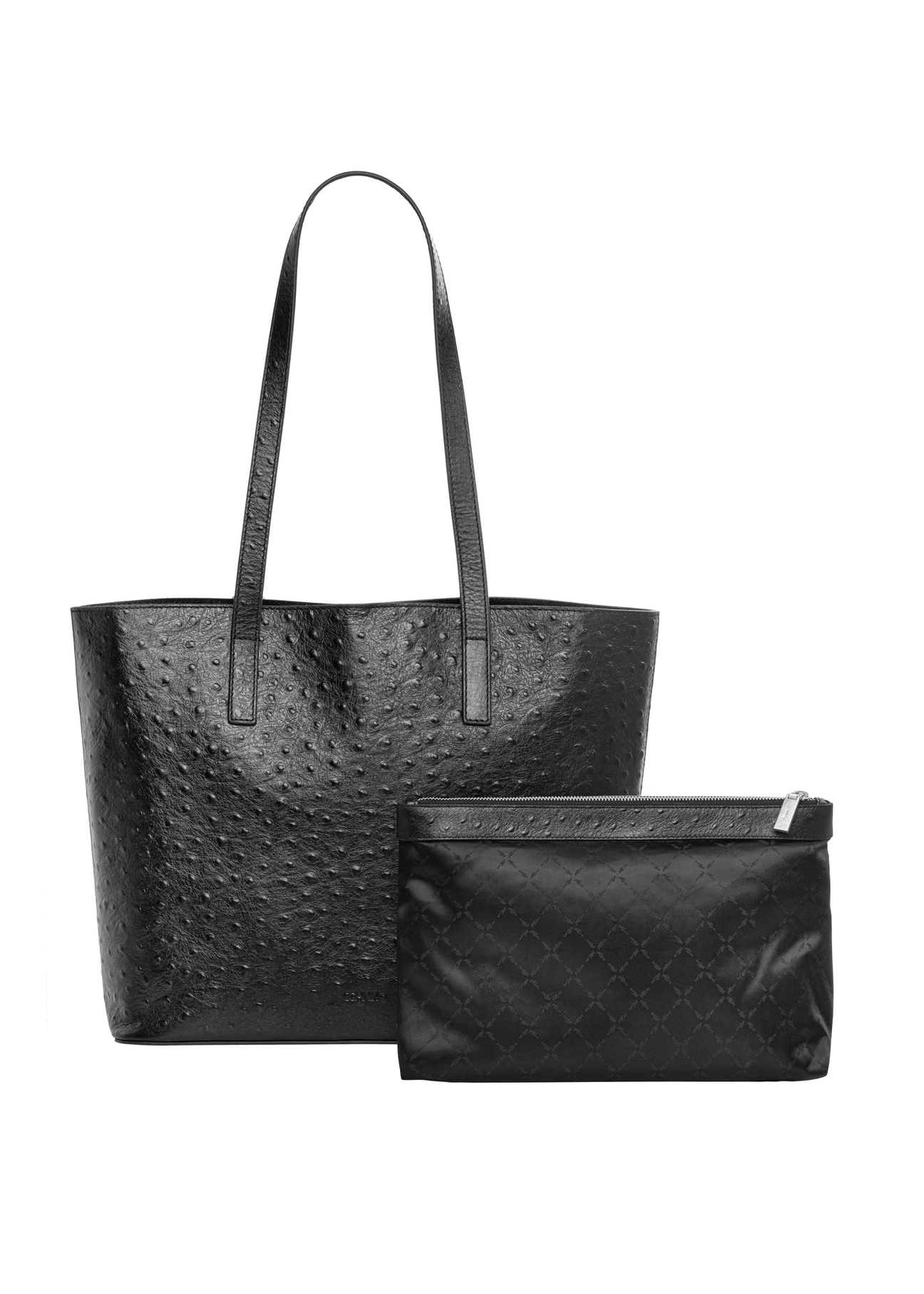 Czarna skórzana torebka damska shopper TORES-1389-9P(Z26), widok produktu od przodu z odpinaną kosmetyczką na białym tle.