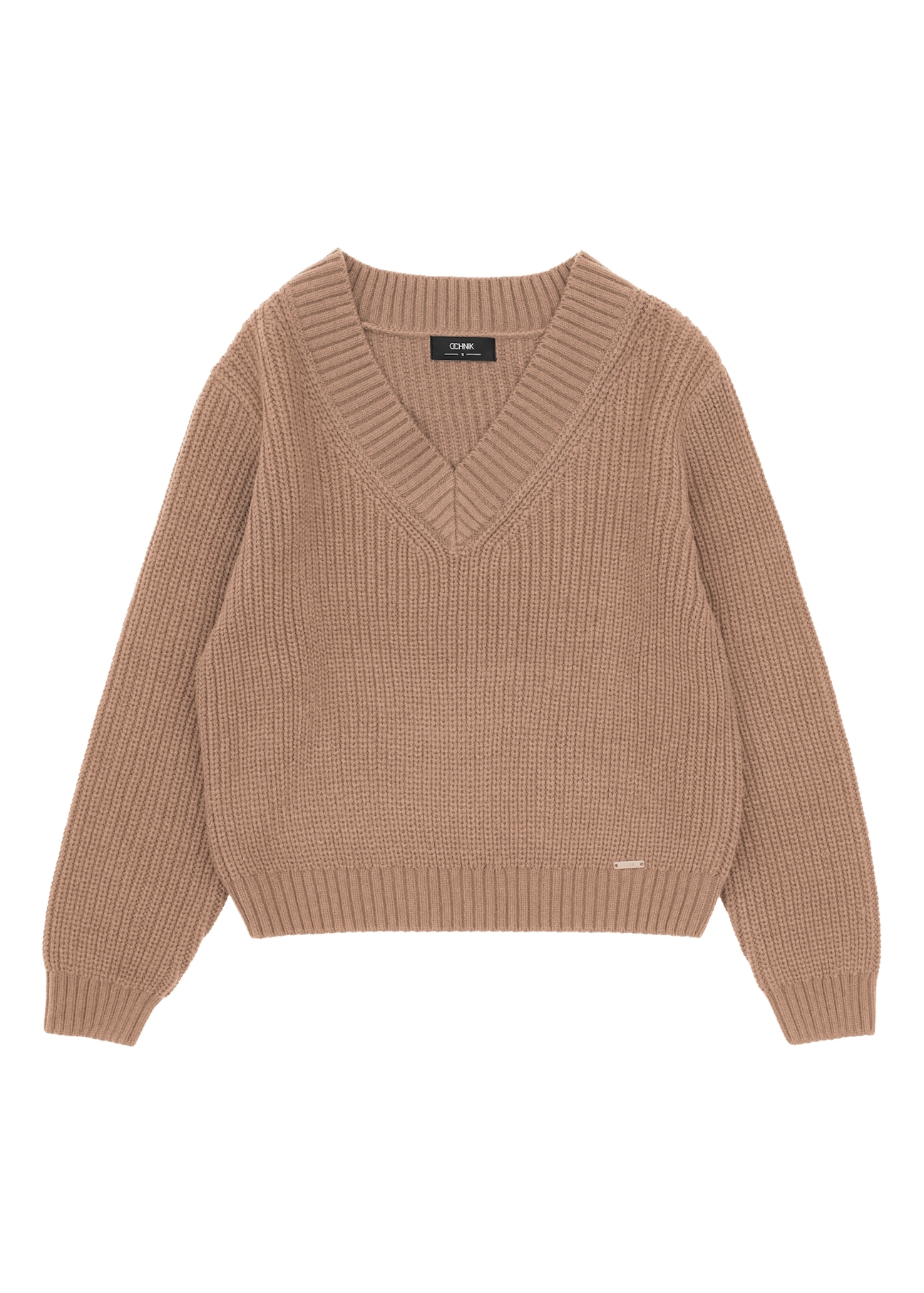 Camelowy sweter dekolt V damski SWEDT-0162-83(Z24)