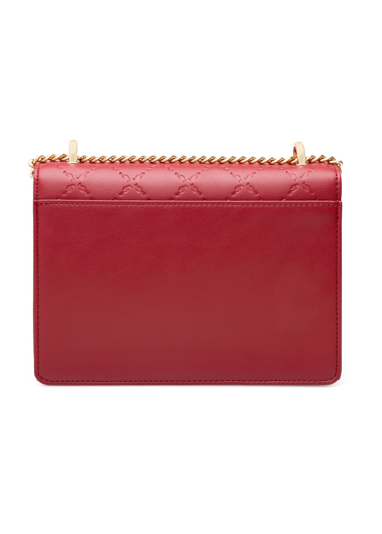 Czerwona torebka damska z monogramem TOREC-1155-4B(W26) - widok produktu z tyłu na białym tle. 