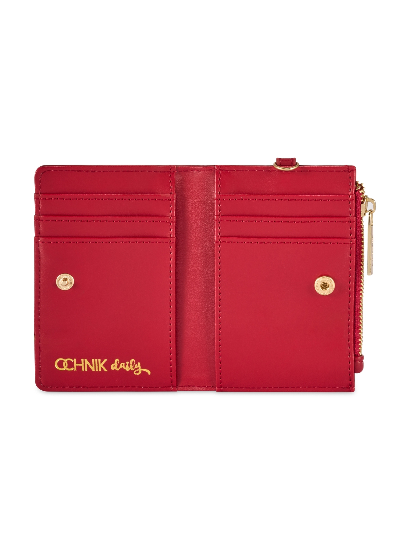 Czerwony mały portfel damski z rączką POREC-0407-4B(W26) - widok produktu z góry, na białym tle.