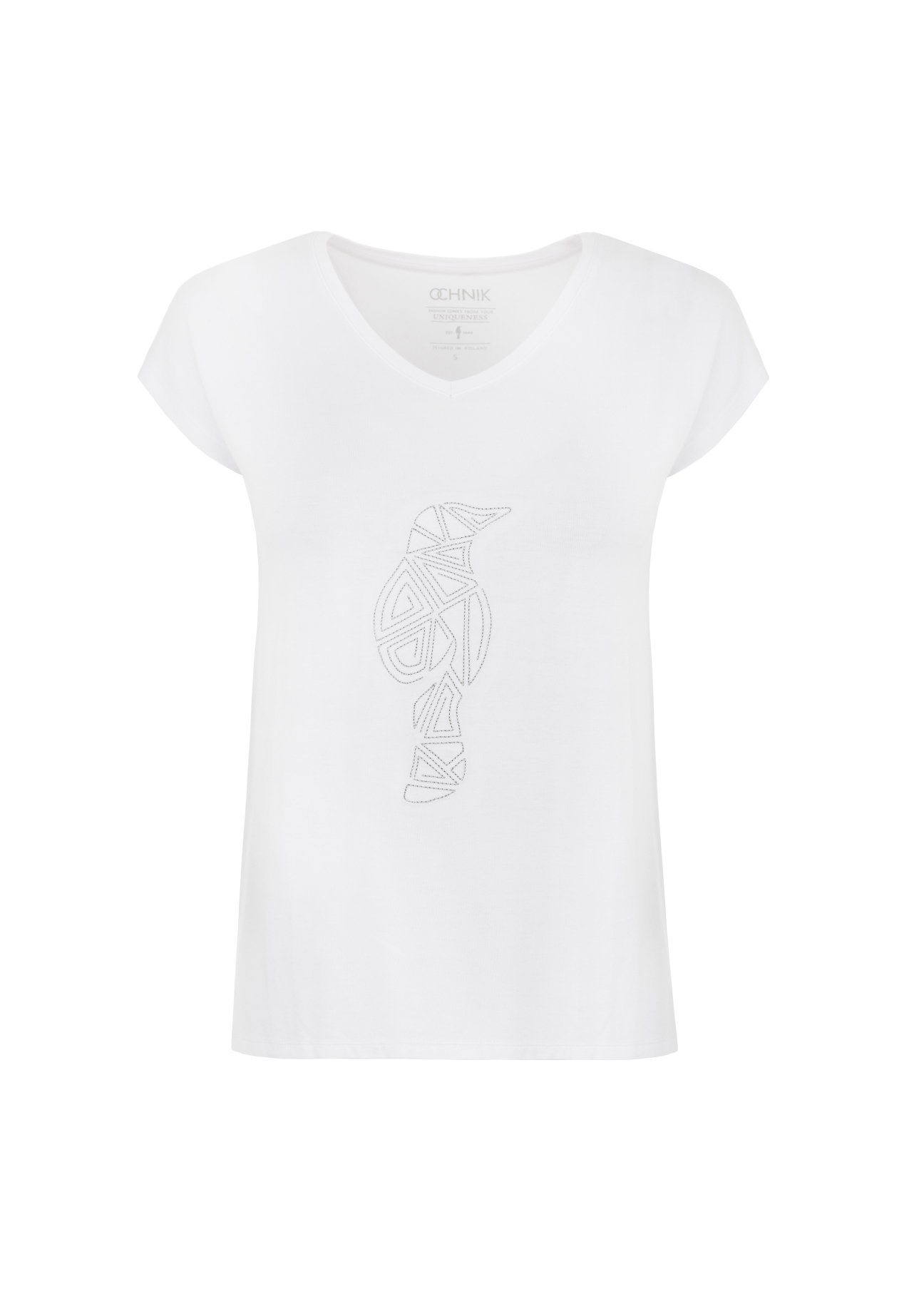 Biały T-shirt damski z aplikacją  TSHDT-0066-11(W21)-02