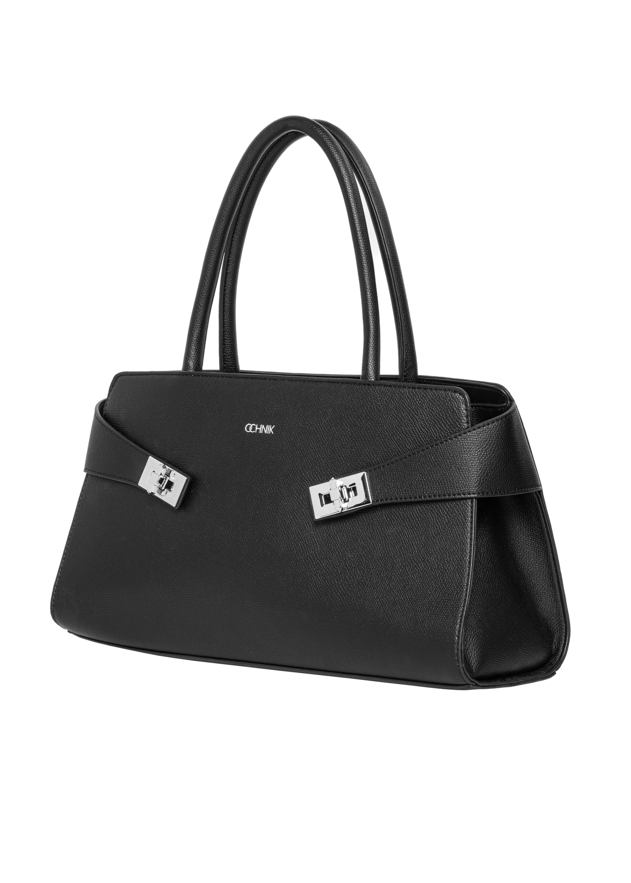 Elegancka czarna torebka damska z ozdobnymi zapięciami TOREC-1374-9I(Z26), widok produktu skosem na białym tle.