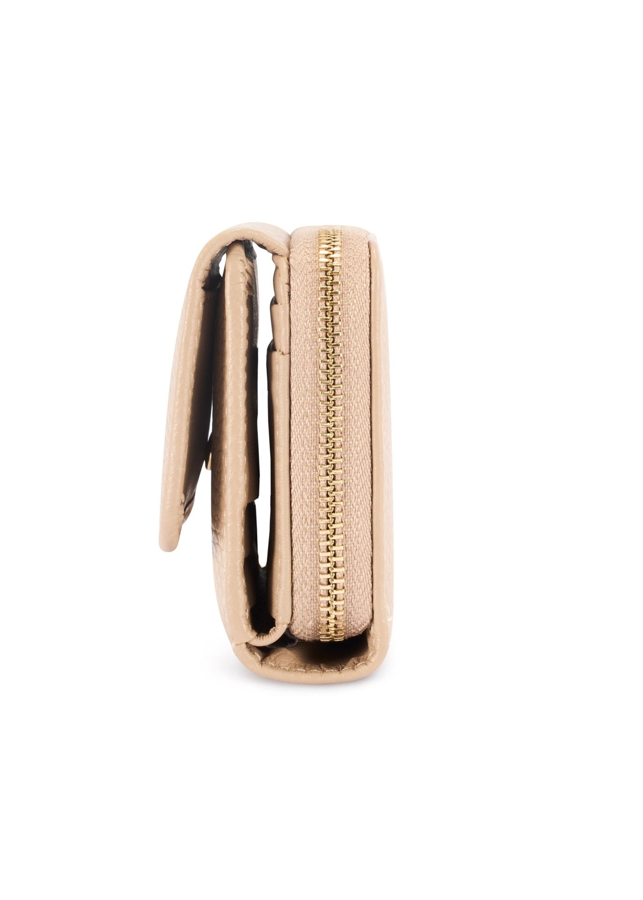 Skórzany beżowy portfel damski PORES-0802R-81(Z25), widok produktu od boku na białym tle.