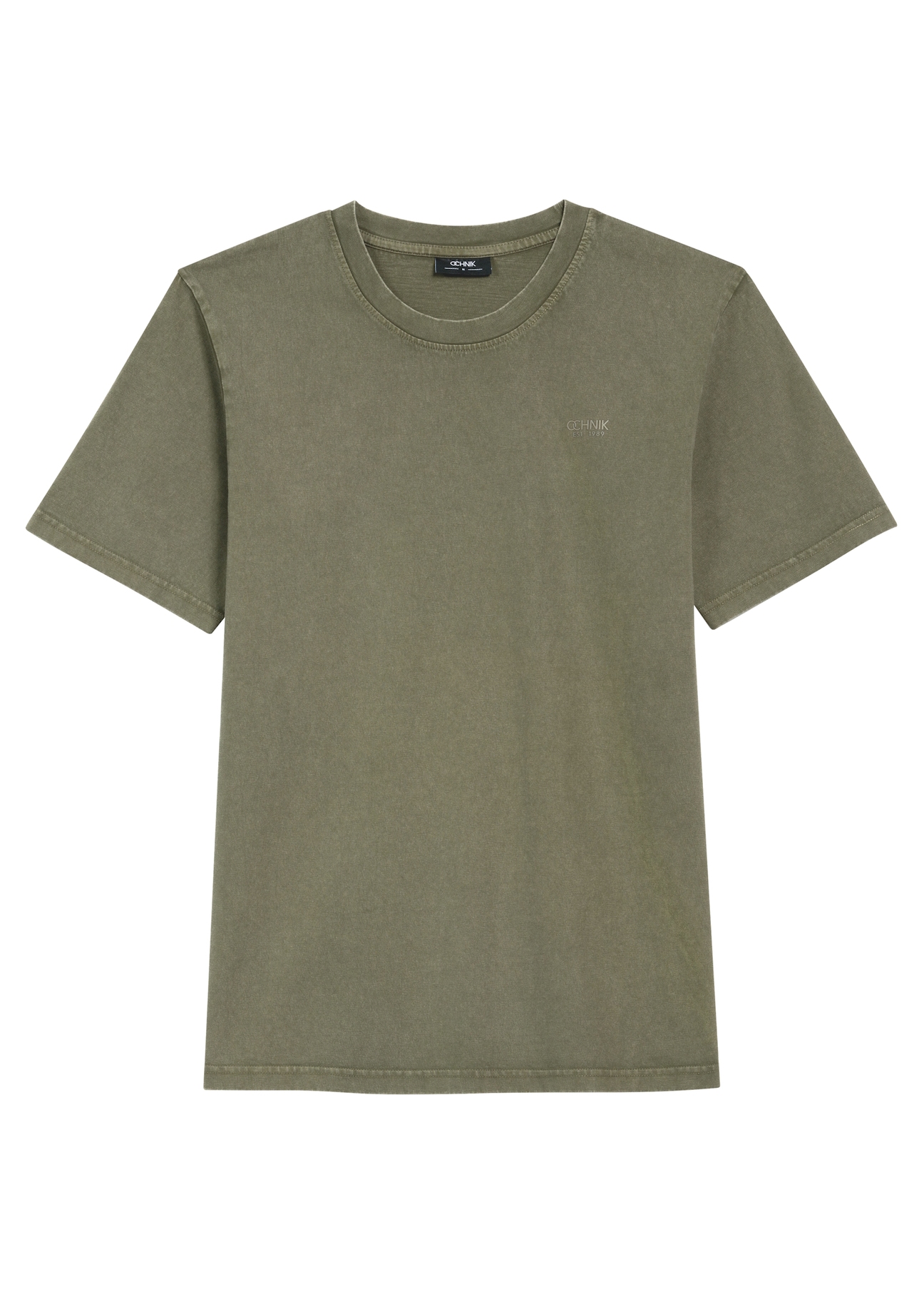 T-shirt męski w kolorze khaki TSHMT-0134-55(Z25), widok produktu od przodu na białym tle.