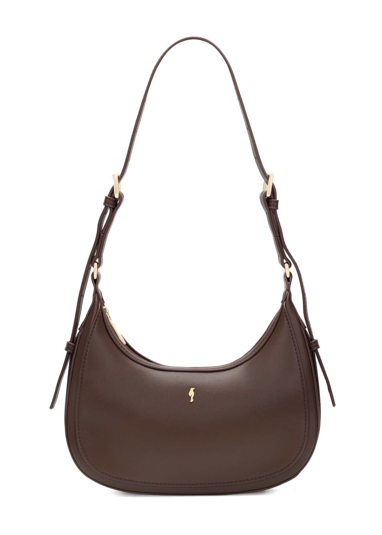 Brązowa mała torebka hobo TOREC-1136-1H(W26) - zbliżenie na detal, na białym tle. 