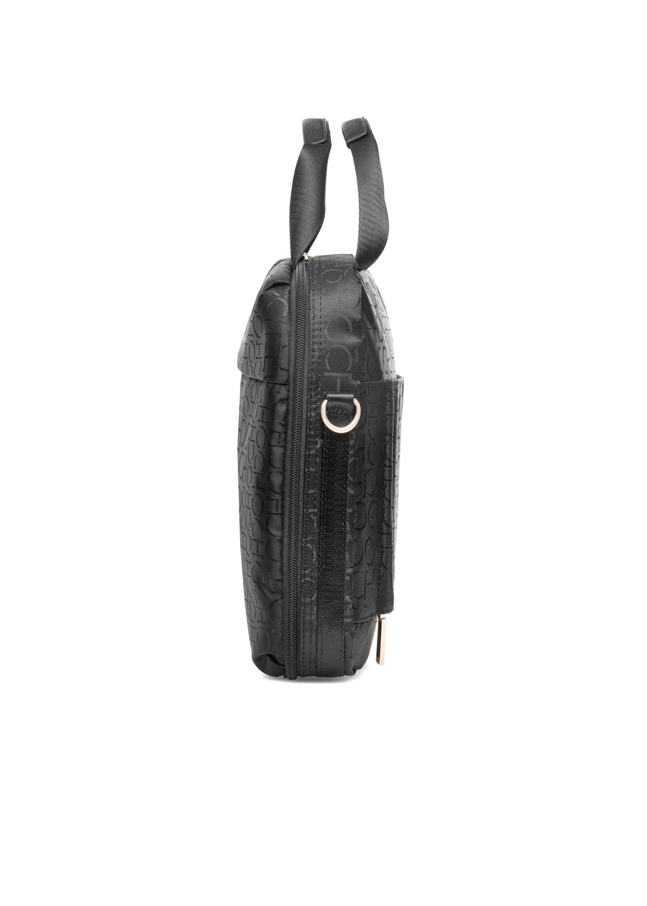 Czarna torba damska z monogramem TOREN-0299-99(W25), widok produktu z boku na białym tle.