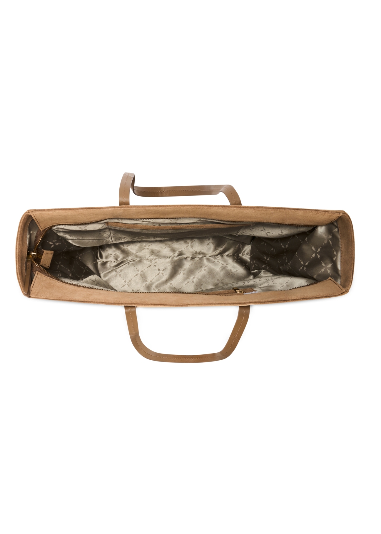 Beżowa zamszowa torebka shopper damska TORES-1248-1B(W26)- widok produktu z góry, na białym tle.