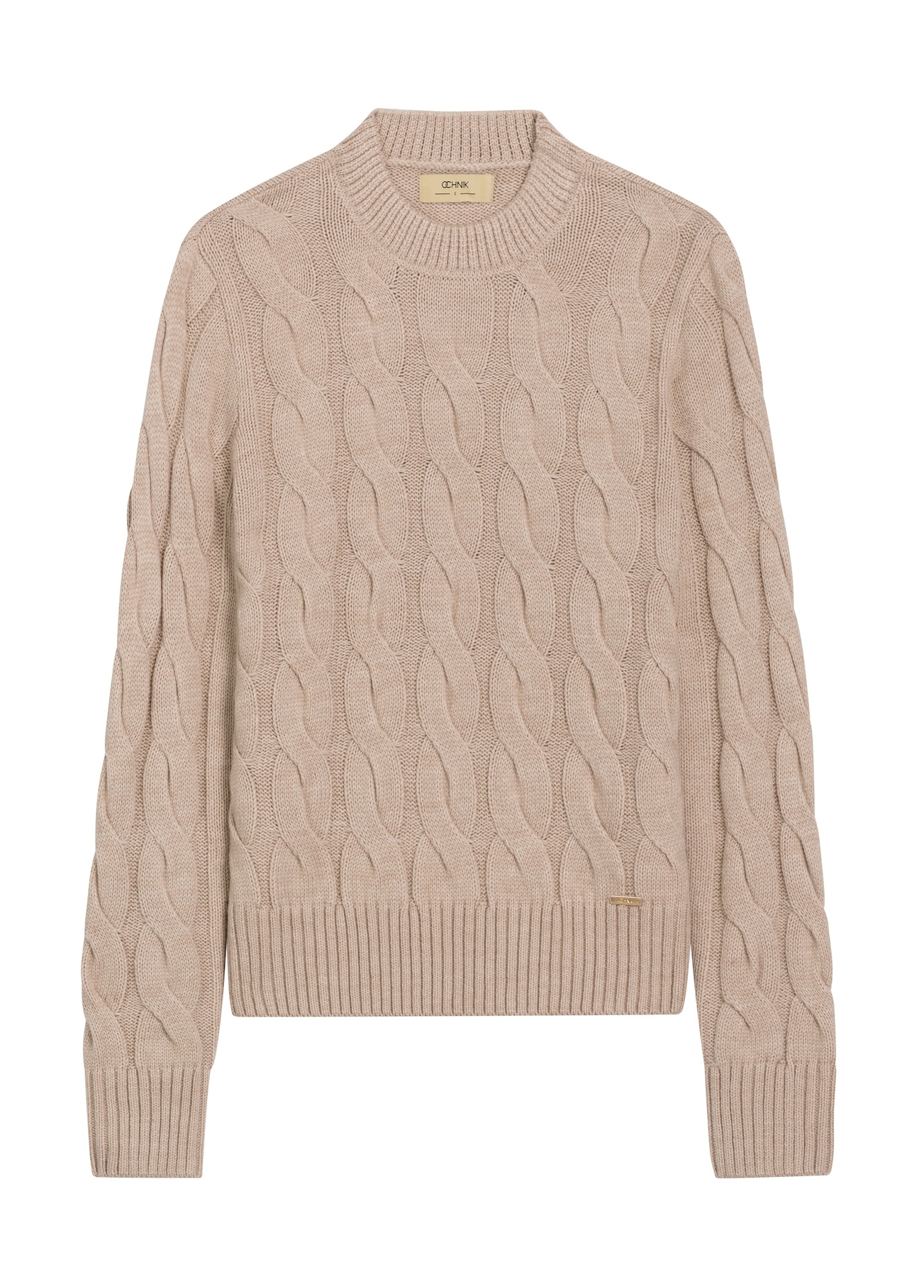 Sweter damski z ozdobnym splotem SWEDT-0210-1J(Z26), widok produktu z przodu na białym tle.