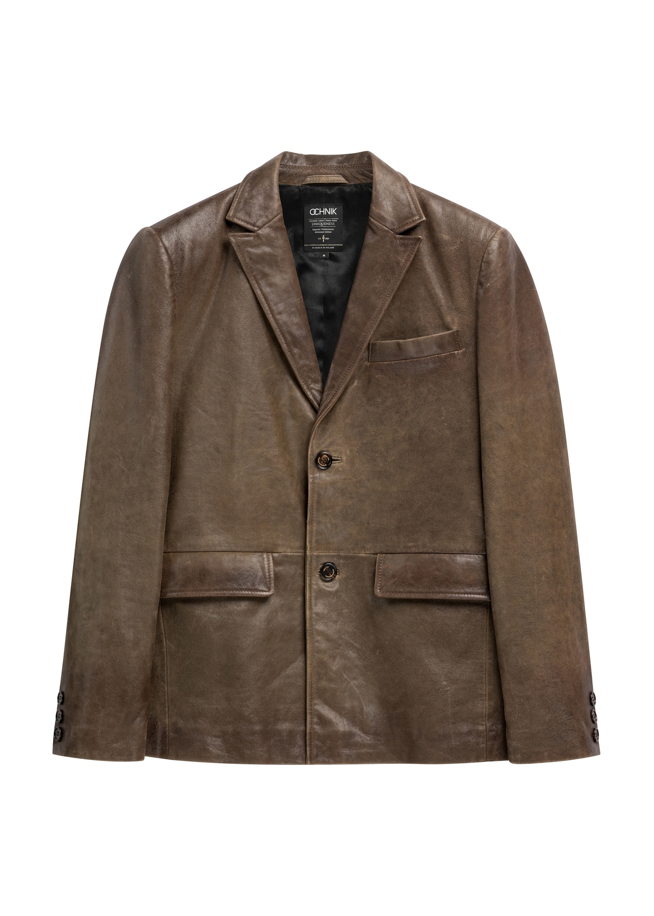 Brązowa skórzana marynarka męska KURMS-0402-1H(W26) - widok produktu z przodu, na białym tle. 