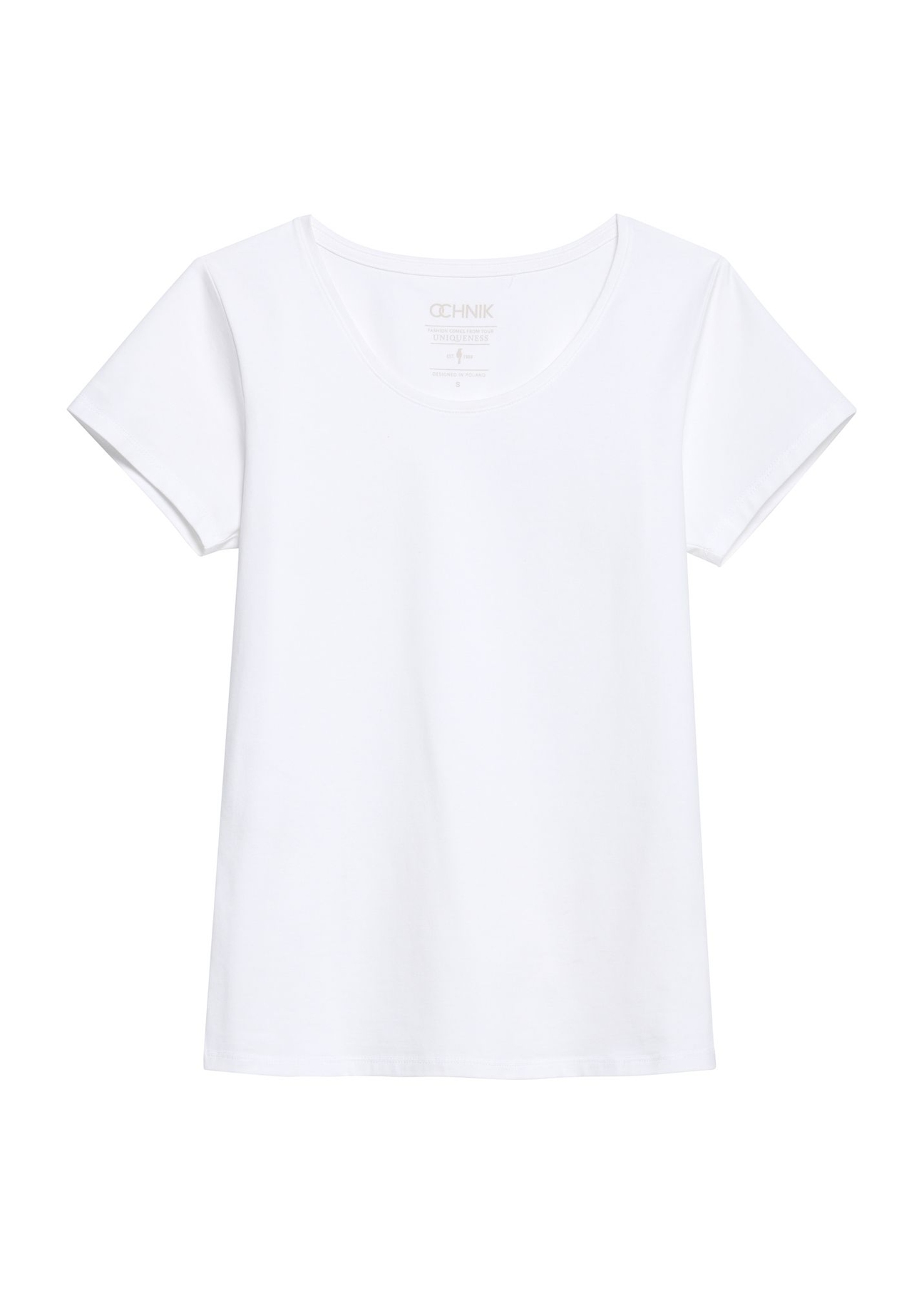 Biały T-shirt damski basic TSHDT-0111-0A(KS), widoczny produkt od przodu na baiłym tle.
