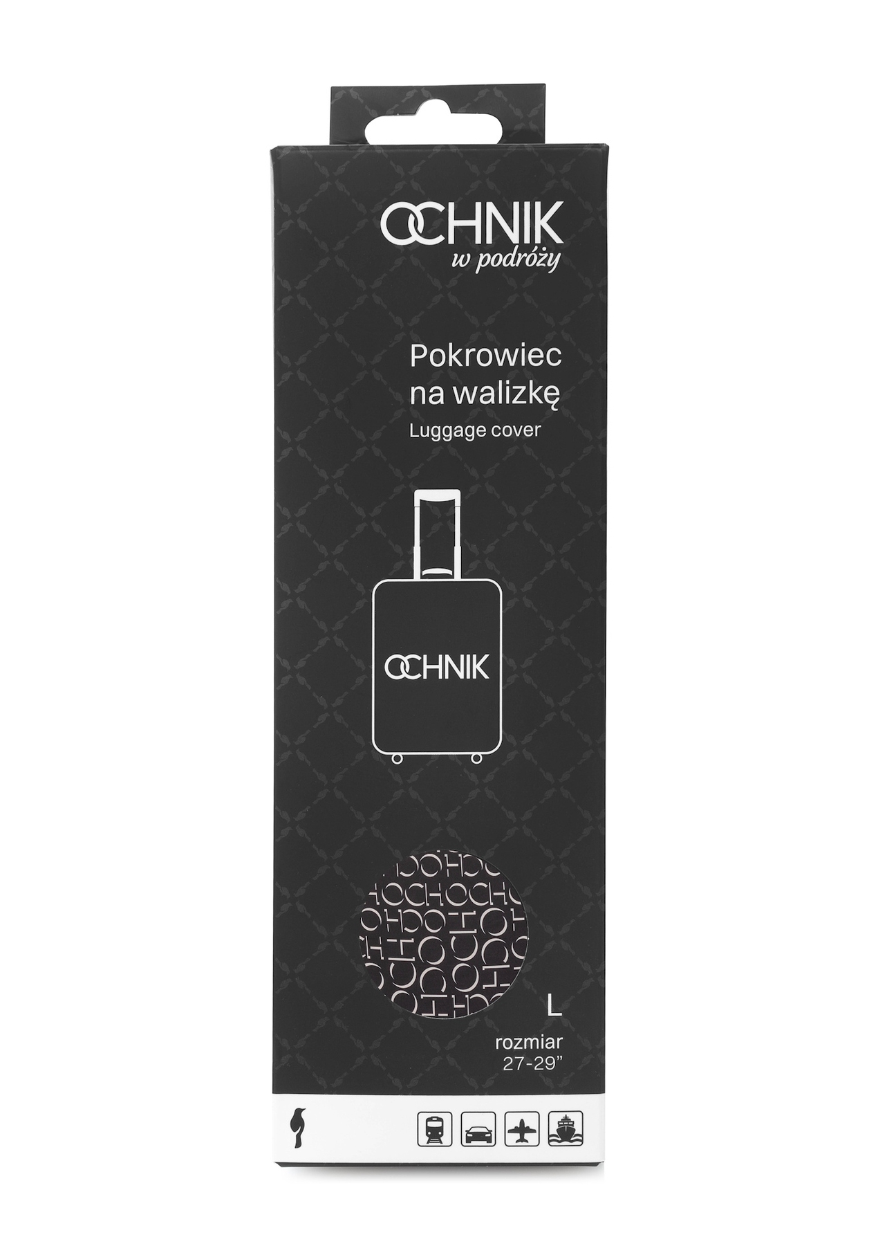 Pokrowiec na dużą walizkę z monogramem AW-013-0001-98-L(W25), widok produktu w opakowaniu na białym tle.