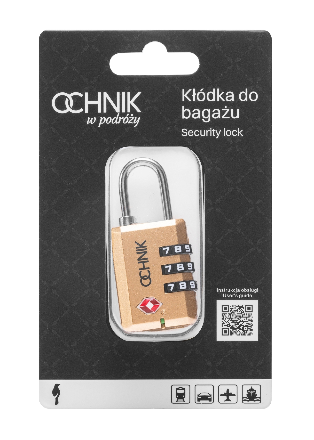Złota szyfrowa kłódka TSA AW-015-0002-28(W25), widok produktu w opakowaniu na białym tle.