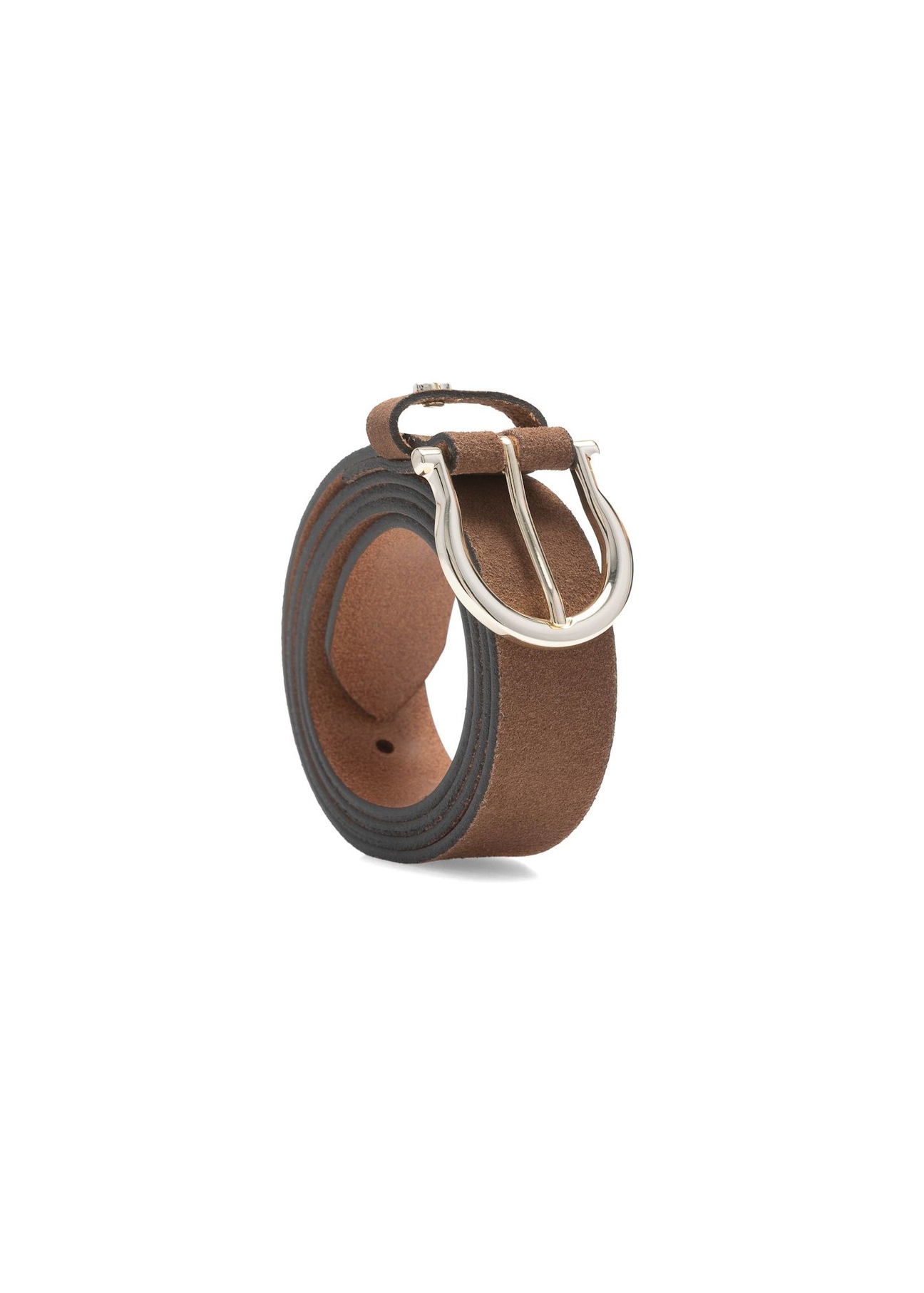 Skórzany pasek damski w kolorze brązowym PASDS-0274-1H(W26), widok skosu produktu na białym tle.