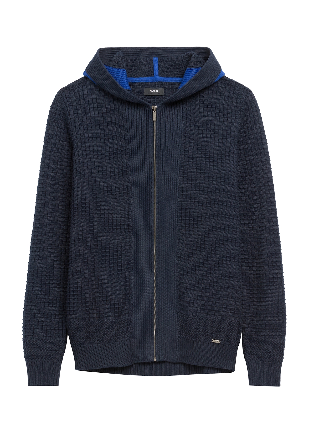 Granatowy sweter męski z kapturem SWEMT-0182-68(Z25), widok produktu od przodu na białym tle.