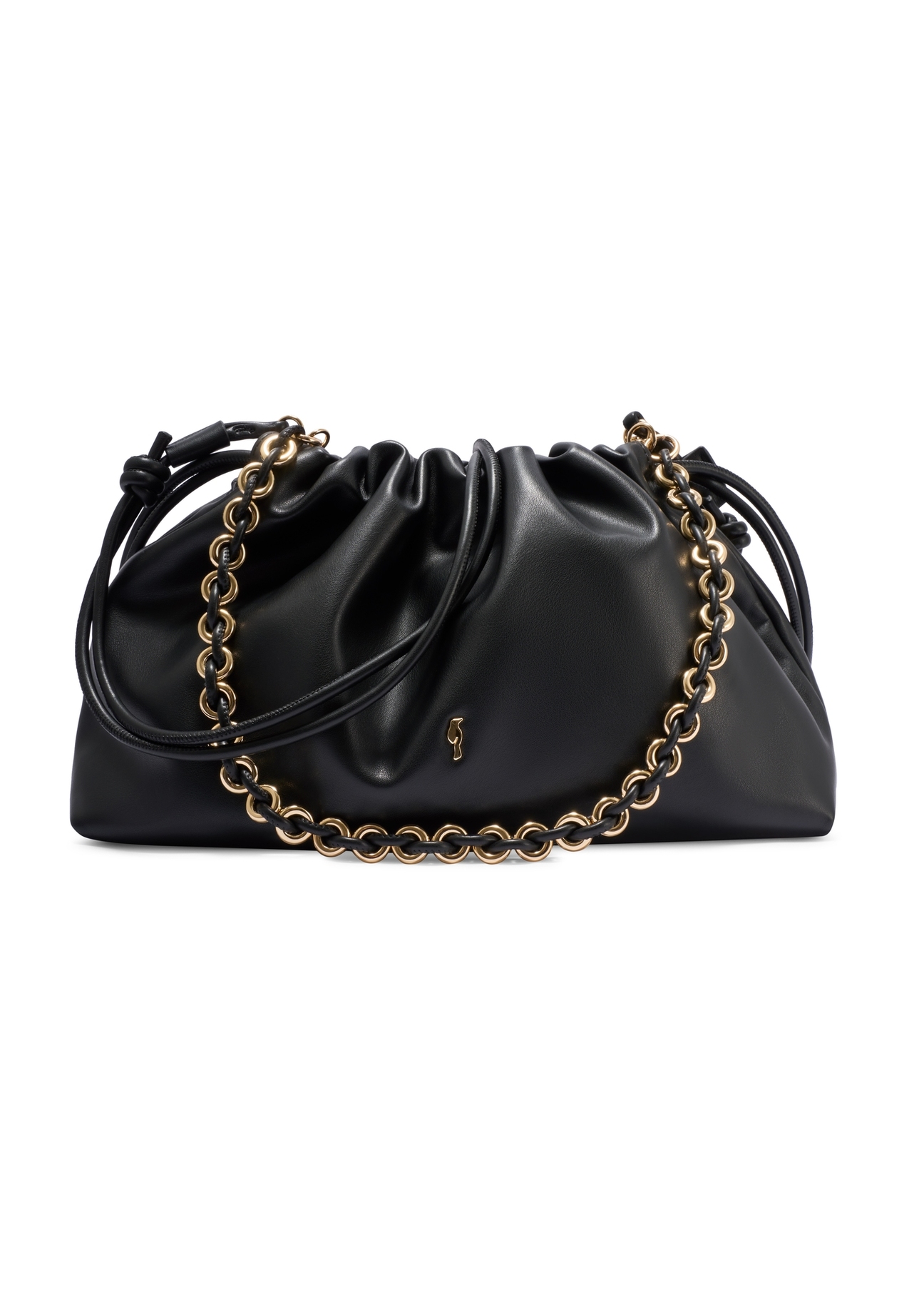 Czarna torebka typu worek TOREC-1215-99(W26) - widok produktu z tyłu, na białym tle.  