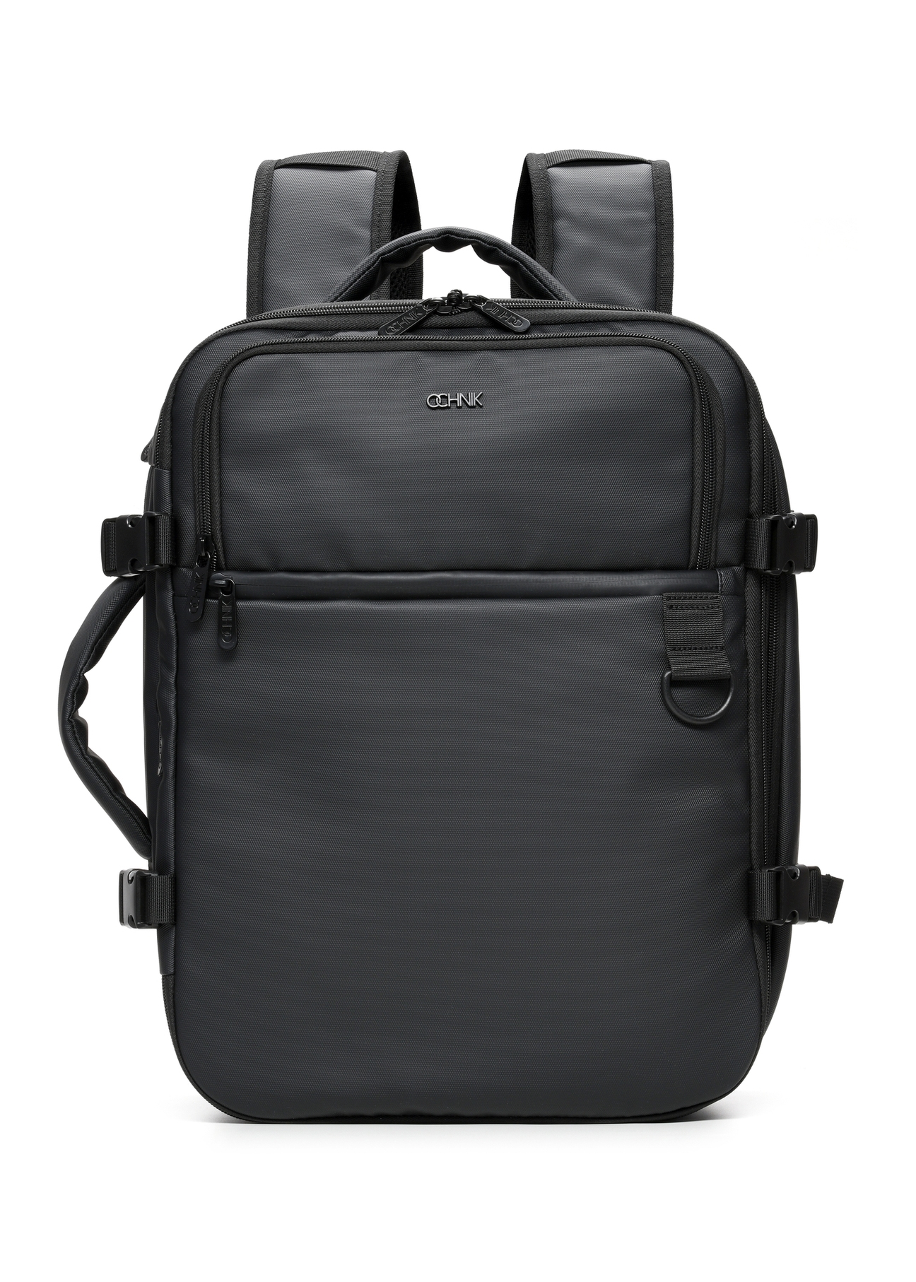 Czarny duży plecak męski TORMN-0414-99(W26) - widok produktu z przodu, na białym tle. 