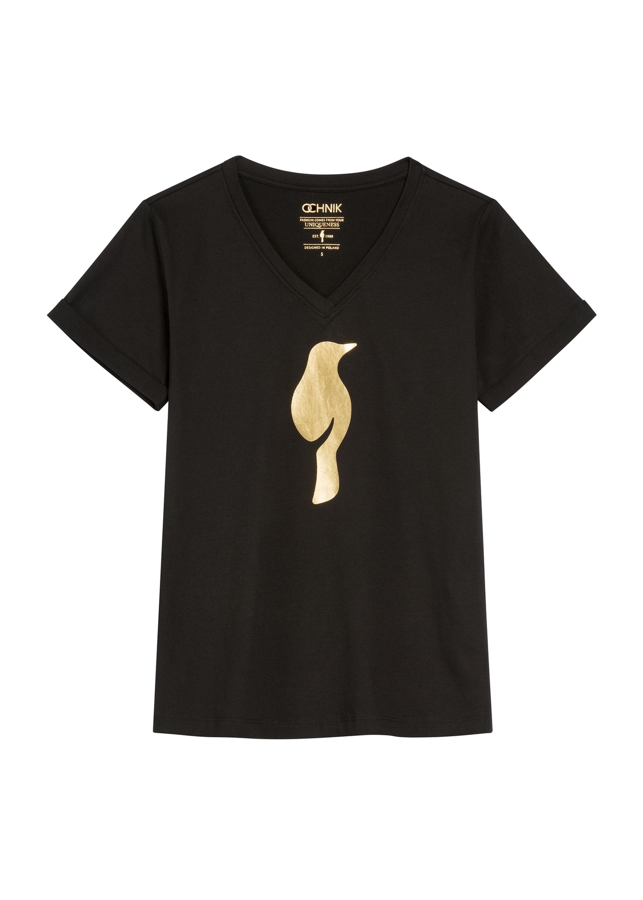 Czarny t-shirt damski TSHDT-0149-99(Z25), widok produktu od przodu na białym tle.