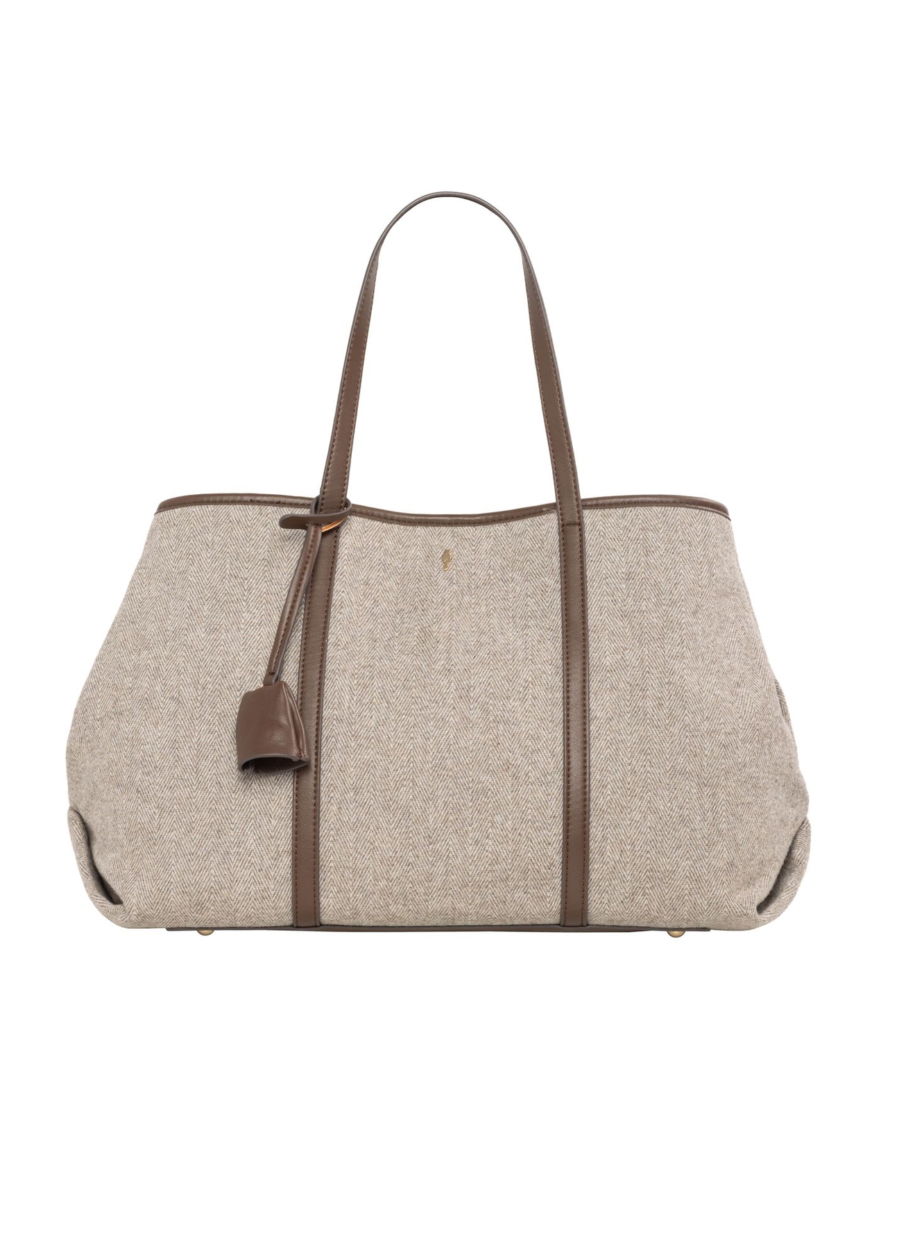 Beżowa torebka shopper w jodełkę TOREC-1330-1P(Z26) - widok produktu z przodu, na białym tle. 