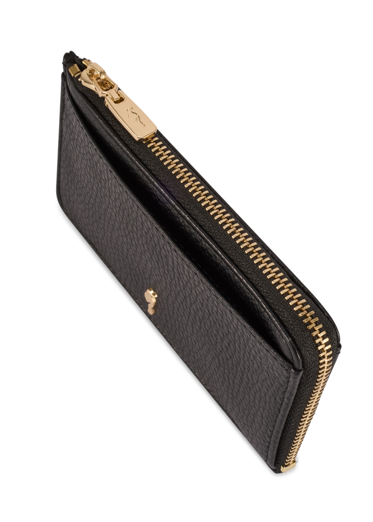 Czarny mały skórzany portfel damski PORES-0978R-9I(W26), zbliżenie na detal produktu na białym tle.