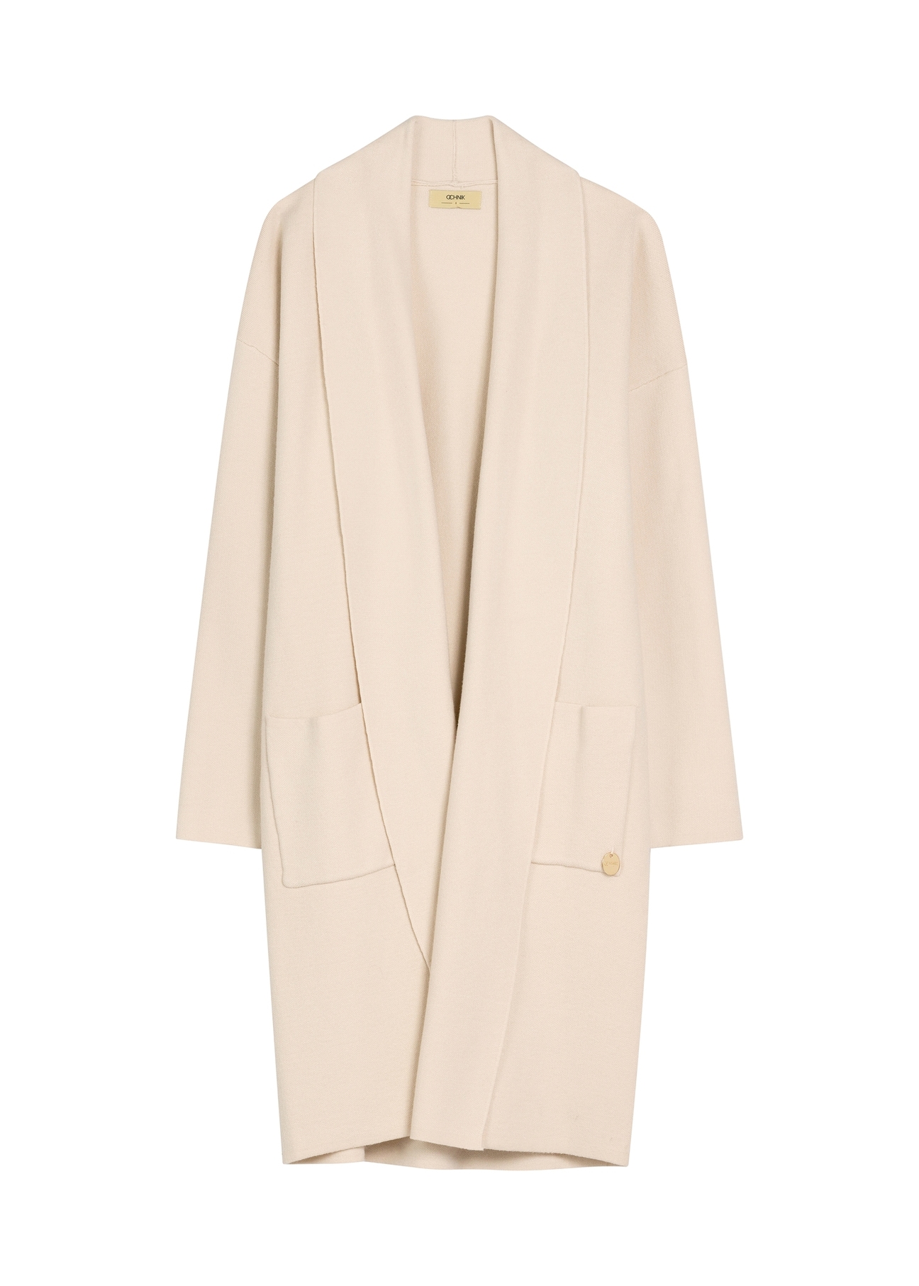 Beżowy kardigan damski KARDT-0041-1A(W26), widok produktu od przodu na białym tle.