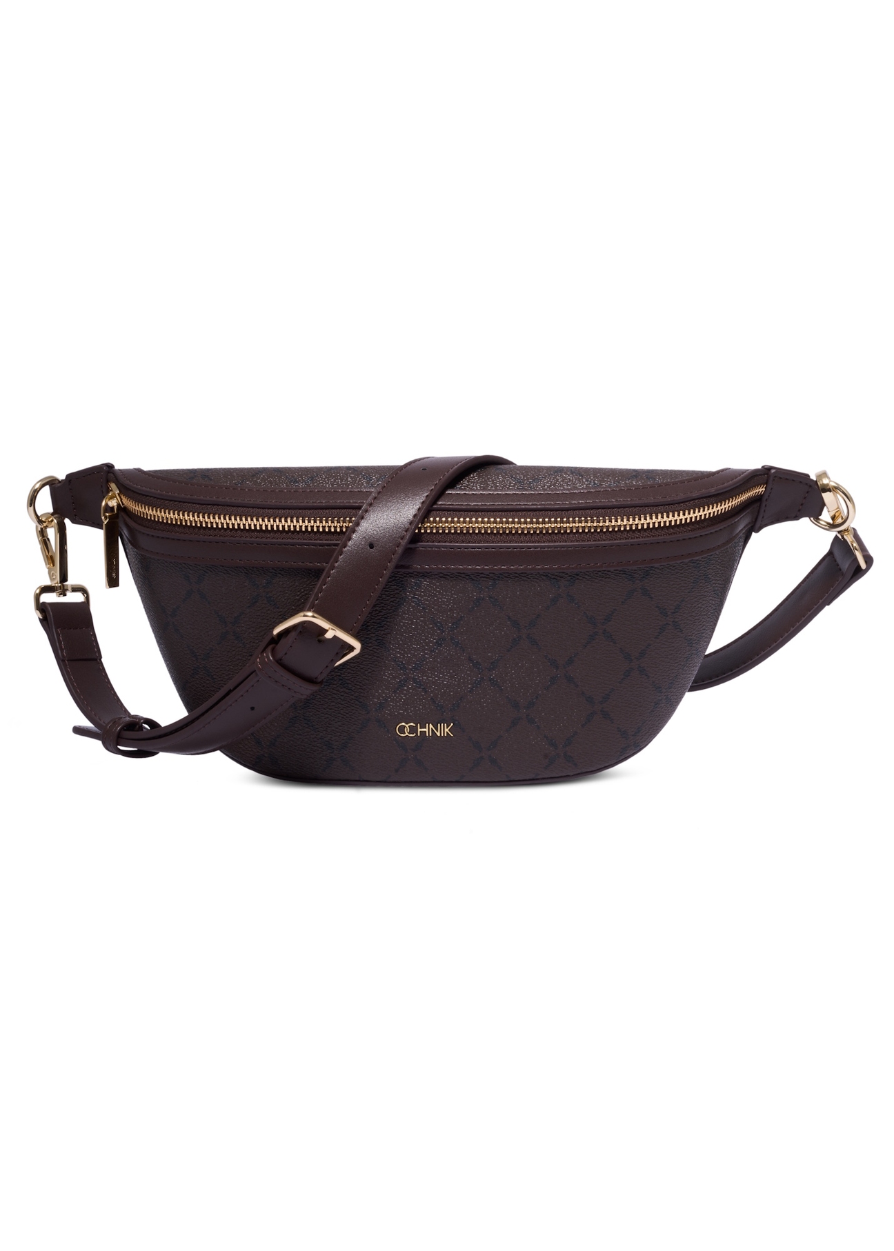 Brązowa nerka z monogramem TOREC-0981-1P(Z26), widok produktu z przodu na białym tle.