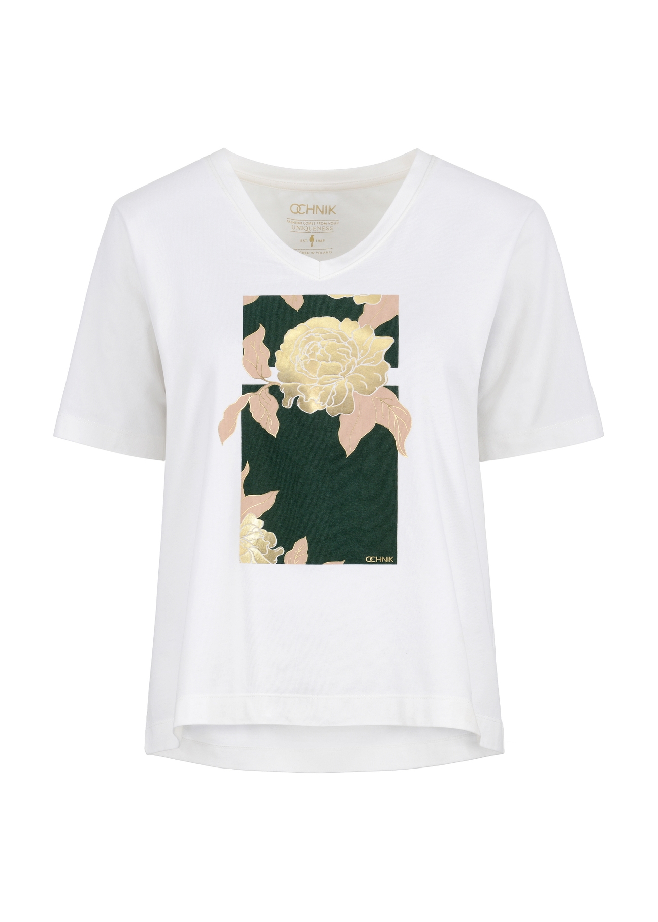 Kremowy T-shirt damski z printem TSHDT-0115-12(Z23)-04