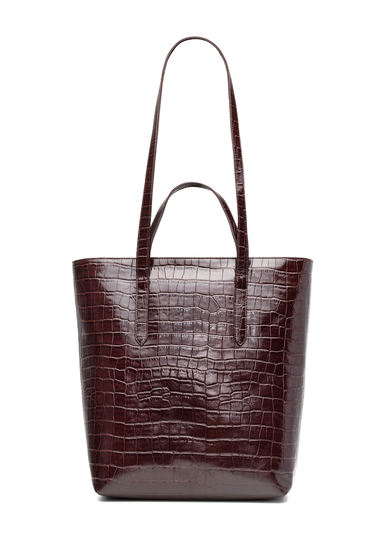 Duża skórzana brązowa torebka damska croco TORES-1232-1H(W26), widok produktu z tyłu na białym tle.