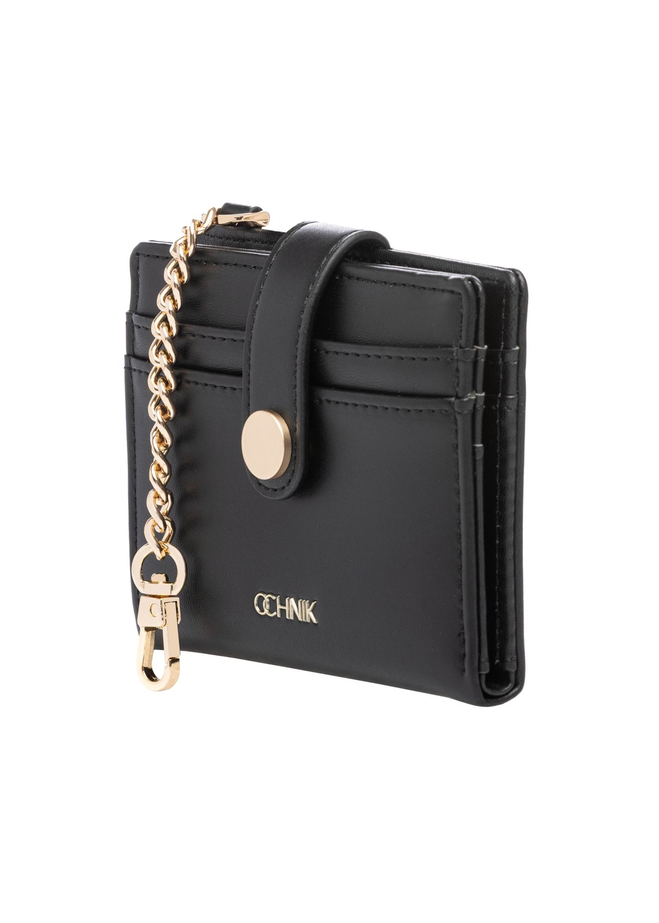 Mały czarny portfel damski POREC-0430-99(W26) - widok produktu po skosie, na białym tle. 