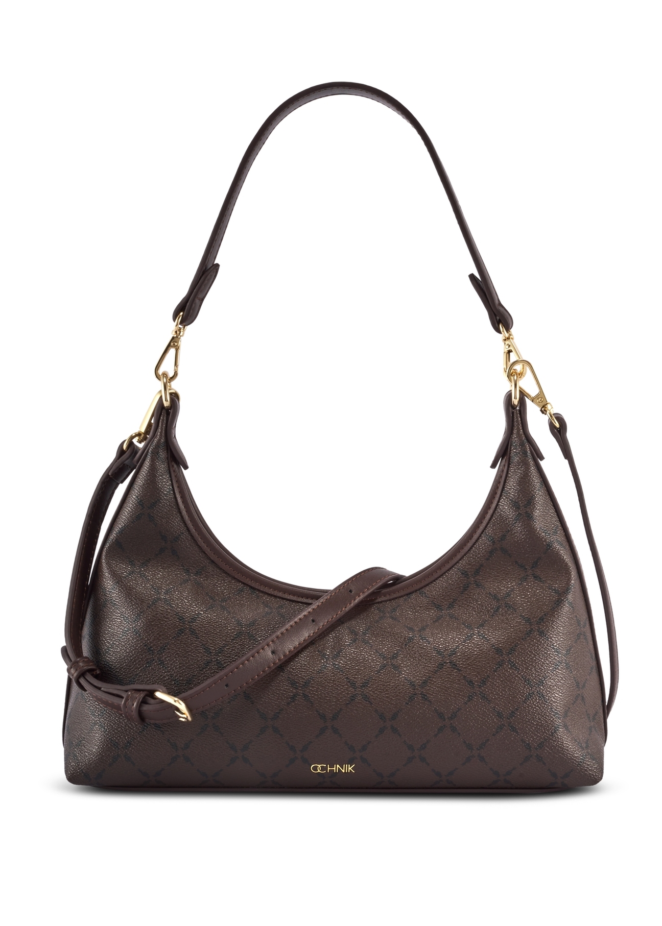 Brązowa torebka damska z monogramem TOREC-1301-1P(Z26), widok produktu z przodu na białym tle.