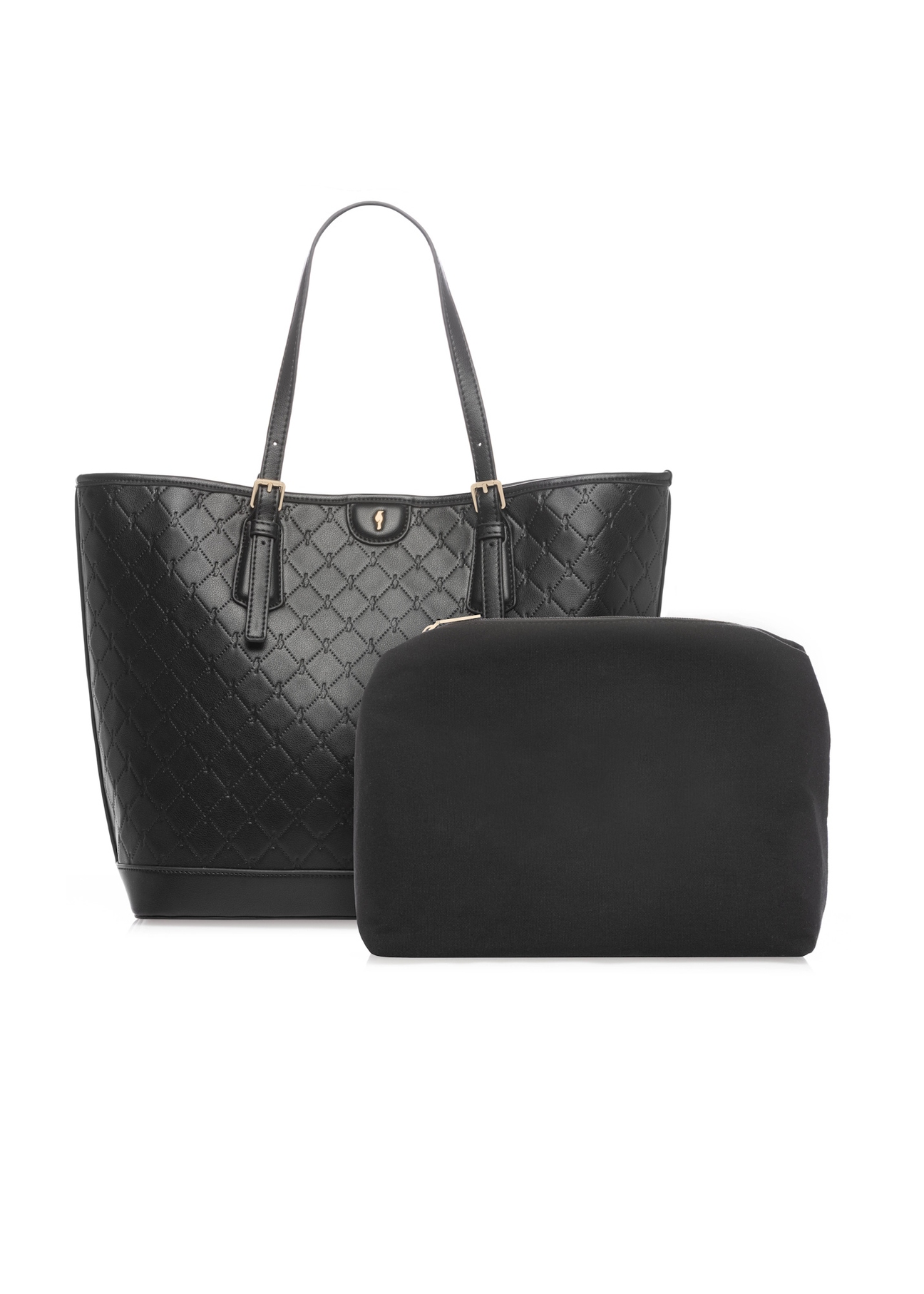 Czarna torebka shopper z monogramem TOREC-1181-9P(W26), widok produktu z przodu na białym tle.