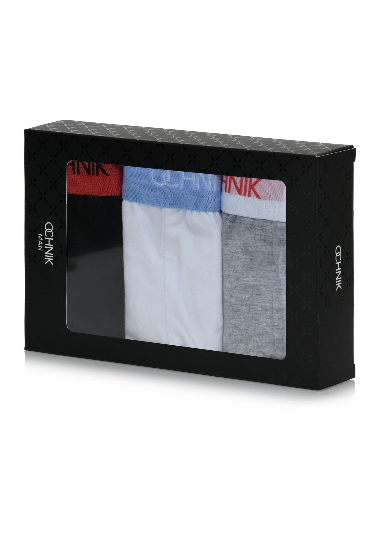 Trójpak kolorowych slipów męskich ZESMS-0002-00(W26), widok produktu w opakowaniu na białym tle.