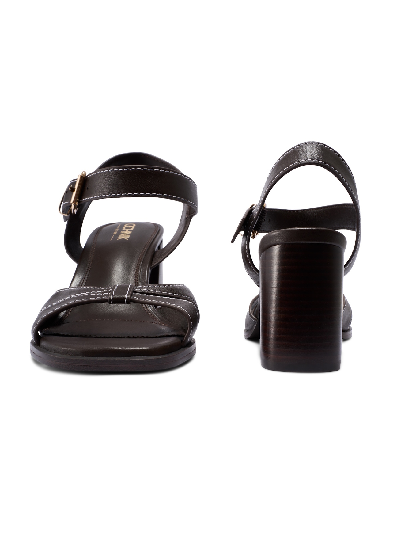 Ciemnobrązowe skórzane sandały na słupku BUTYD-1232-1I(W26), widok produktu z przodu i tyłu na białym tle.