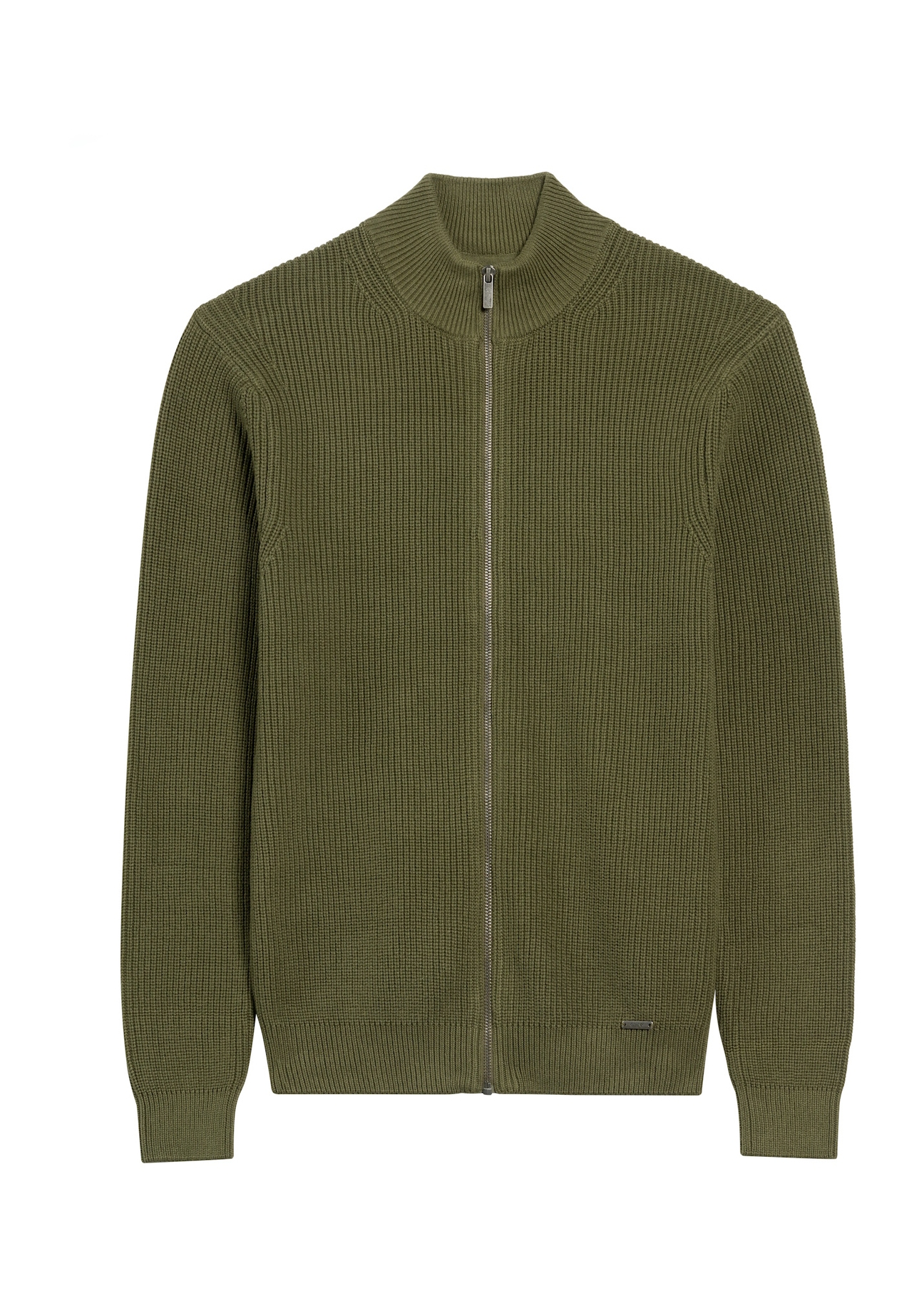 Sweter męski khaki z suwakiem SWEMT-0176-55(Z25), widok produktu z przodu na białym tle.