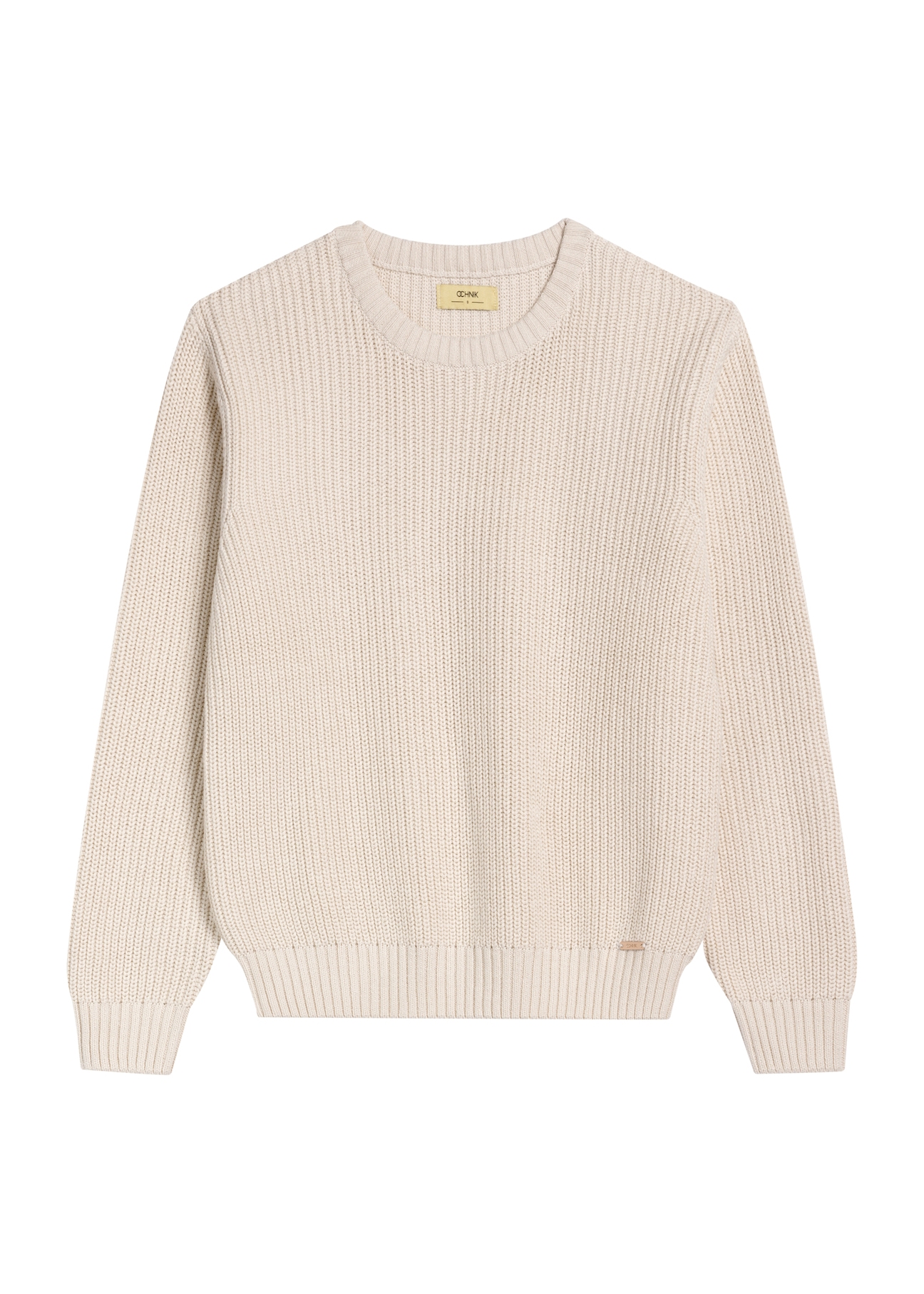 Beżowy sweter damski SWEDT-0238-81(Z25), widok produktu od przodu na białym tle.