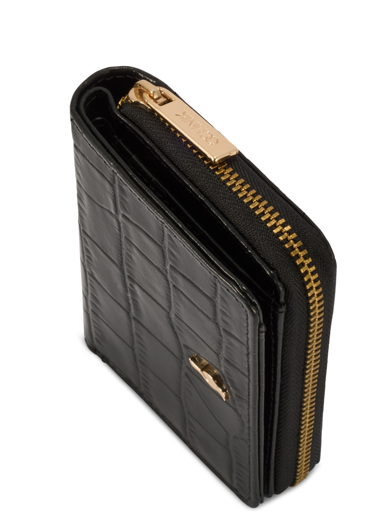 Czarny portfel damski croco PORES-0888B-99(Z25), zbliżenie na detal produktu, widok na białym tle.