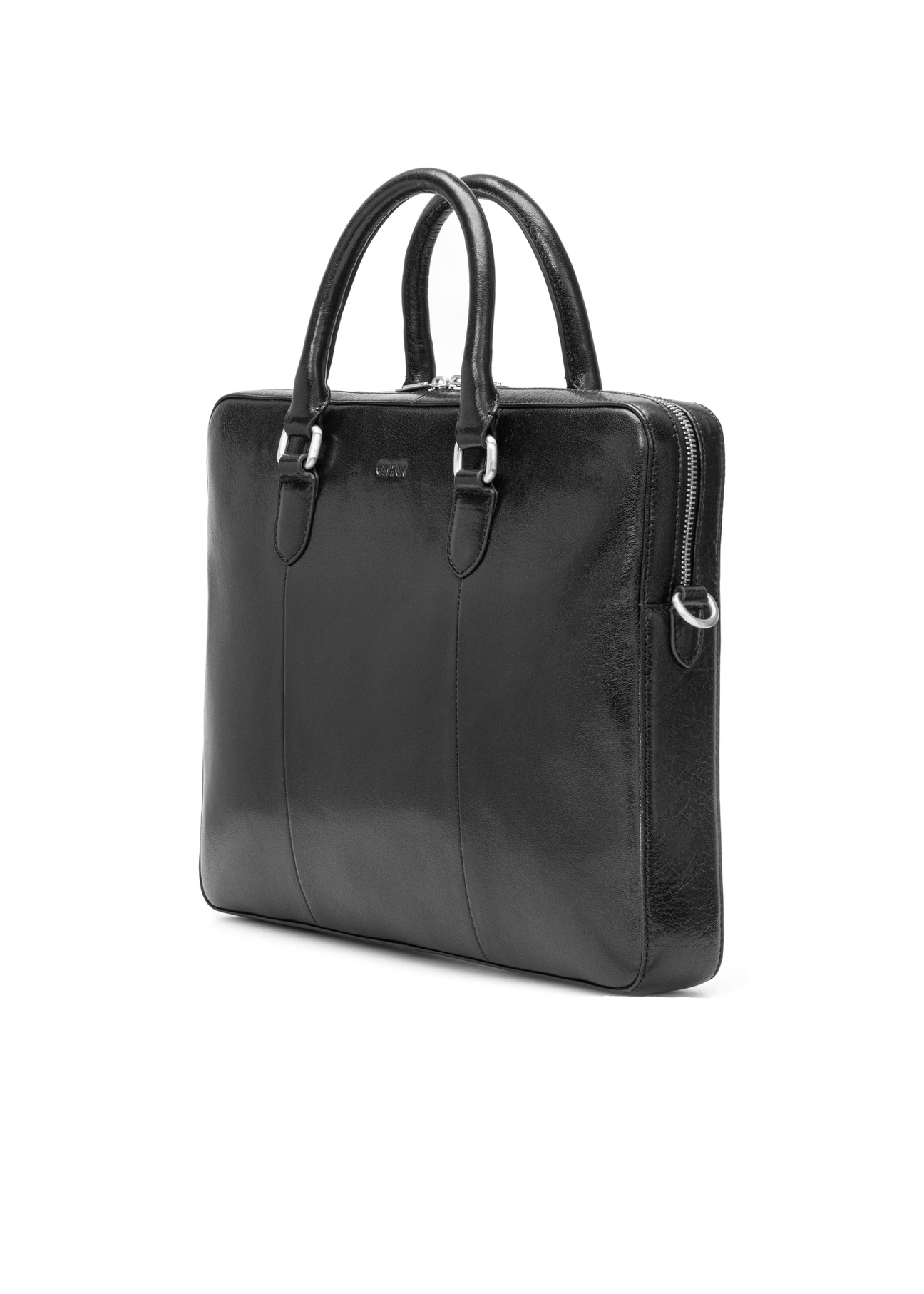 Czarna skórzana męska torba na laptopa TORMS-0506-99(W26) - widok produktu po skosie na białym tle. 