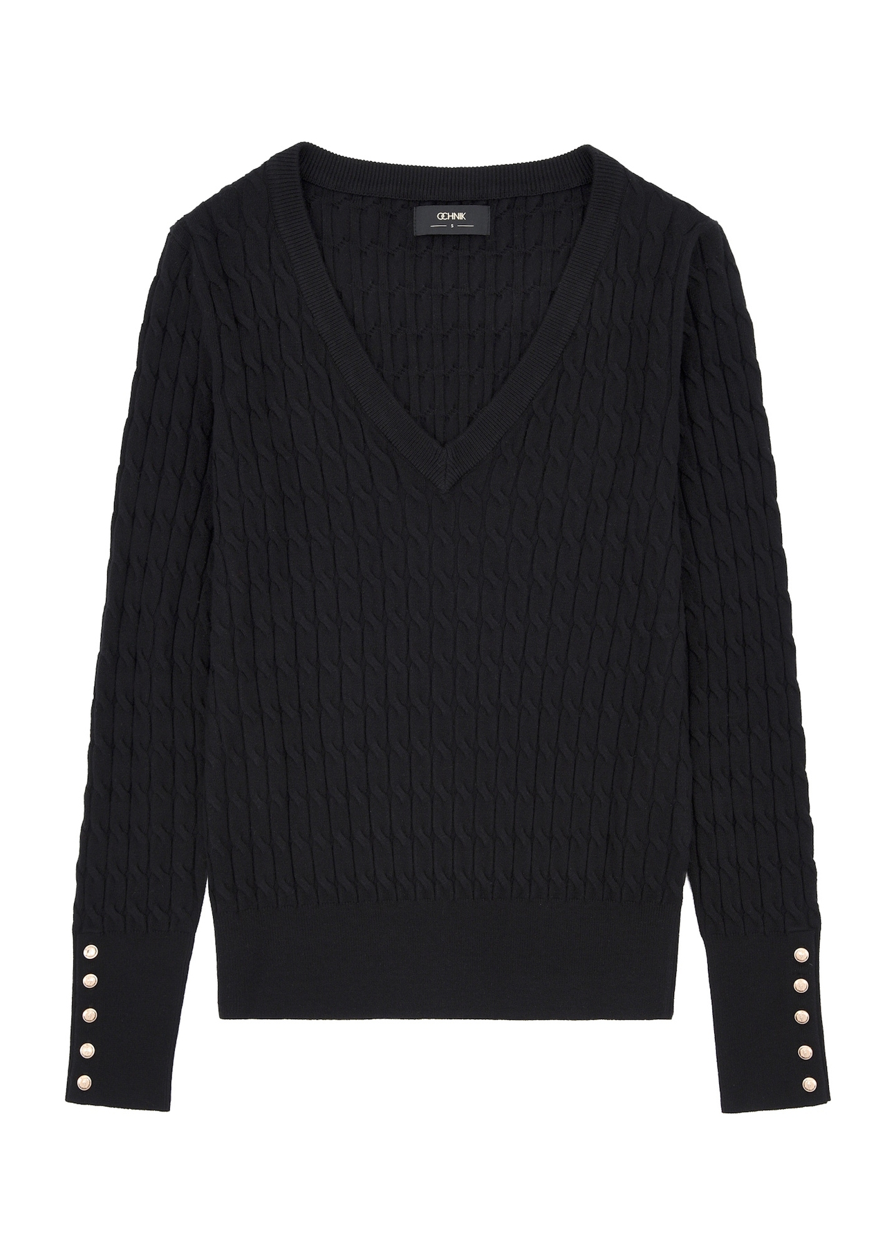 Czarny sweter damski SWEDT-0212A-99(Z25), widok produktu z przodu na białym tle.