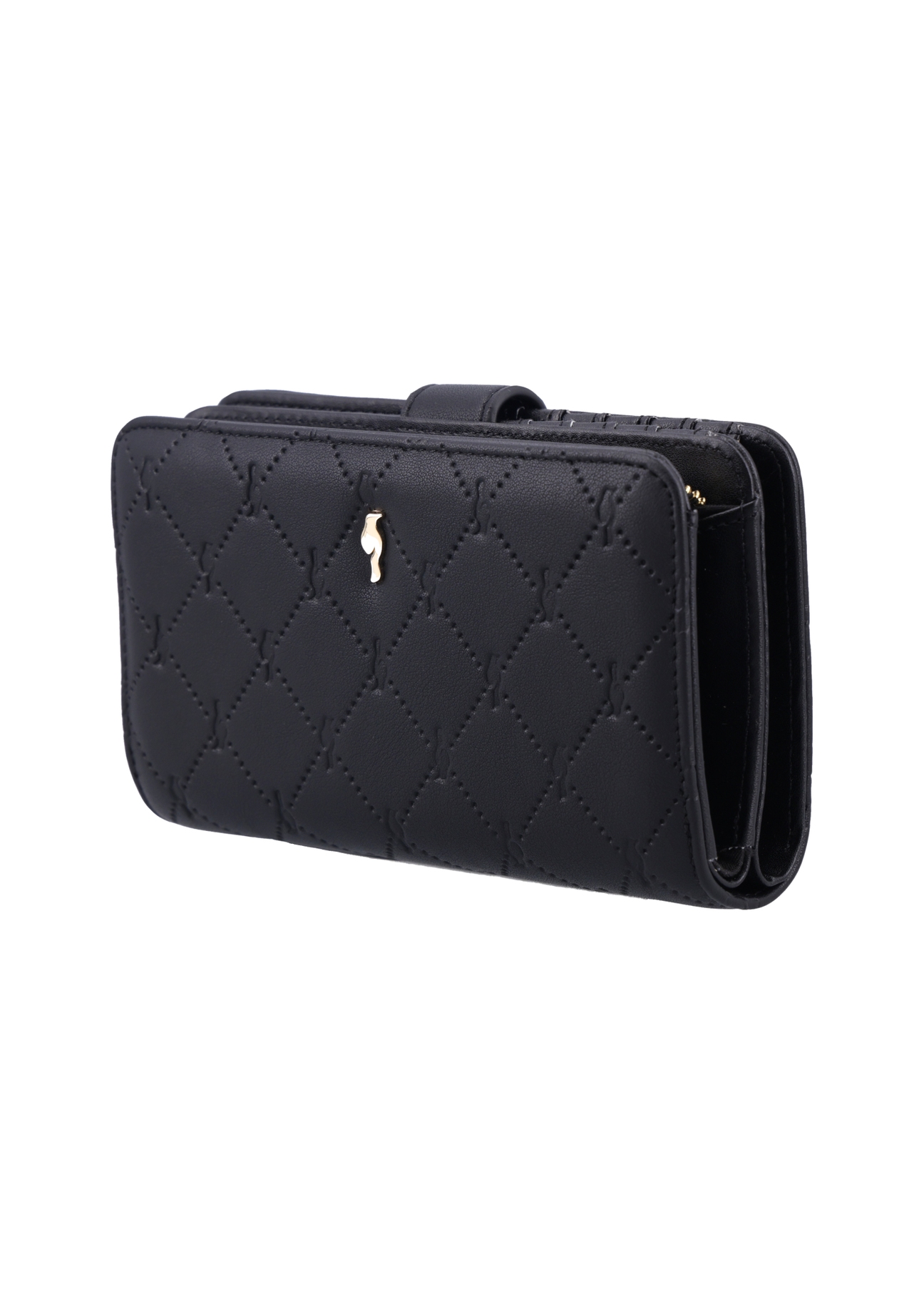 Czarny portfel damski z monogramem POREC-0391A-9P(Z26), widok produktu skosem na białym tle.