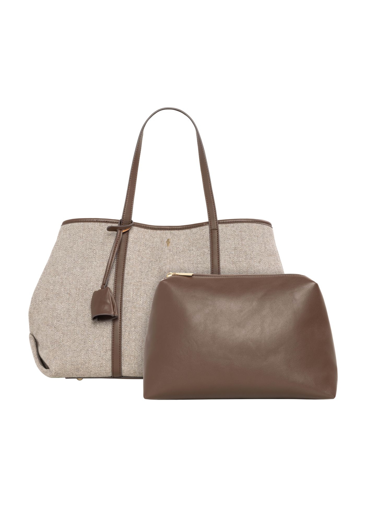 Beżowa torebka shopper w jodełkę TOREC-1330-1P(Z26) - widok produktu z przodu, na białym tle. 