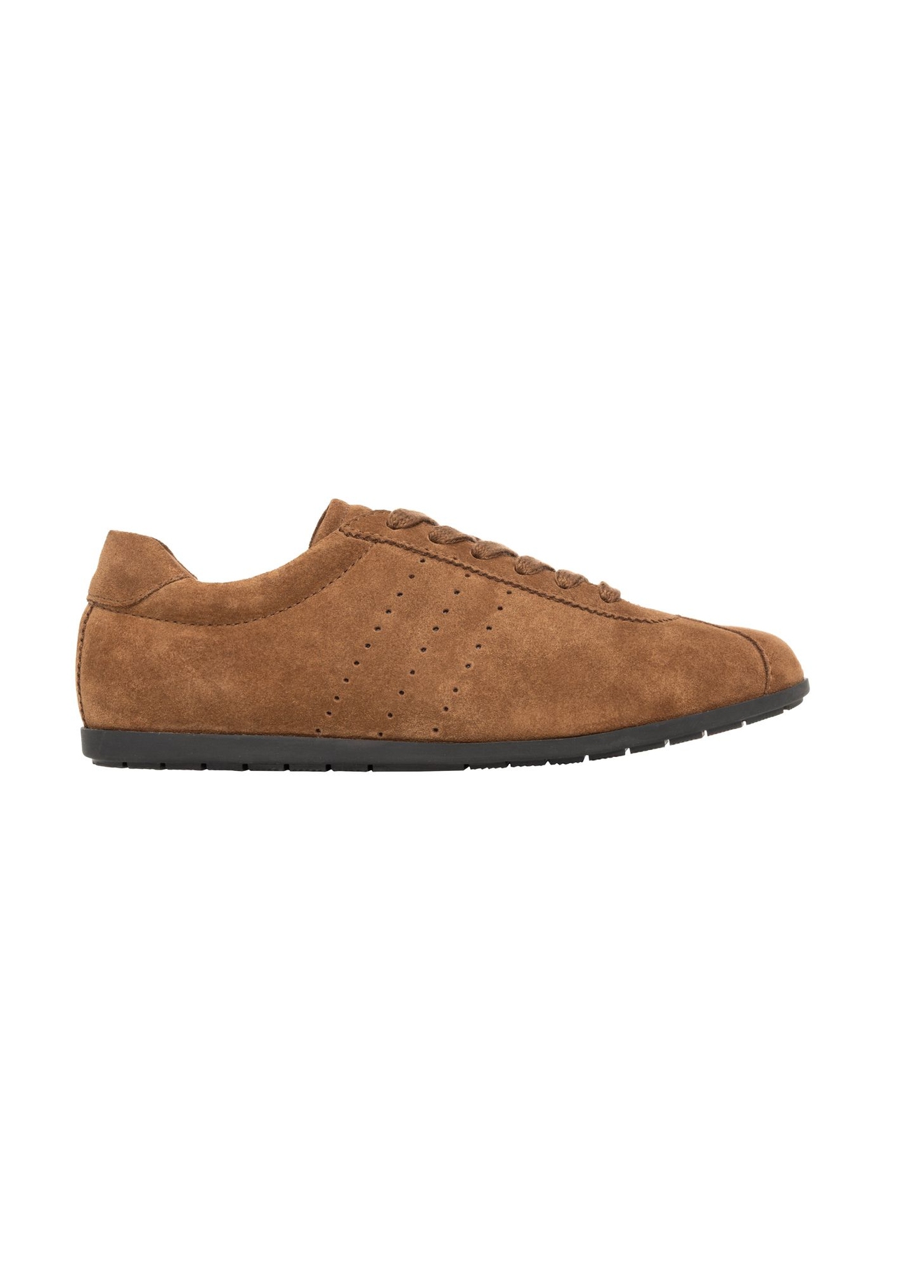 Koniakowe zamszowe sneakersy damskie BUTYD-1293-1F(Z26) - widok produktu z przodu, na białym tle. 
