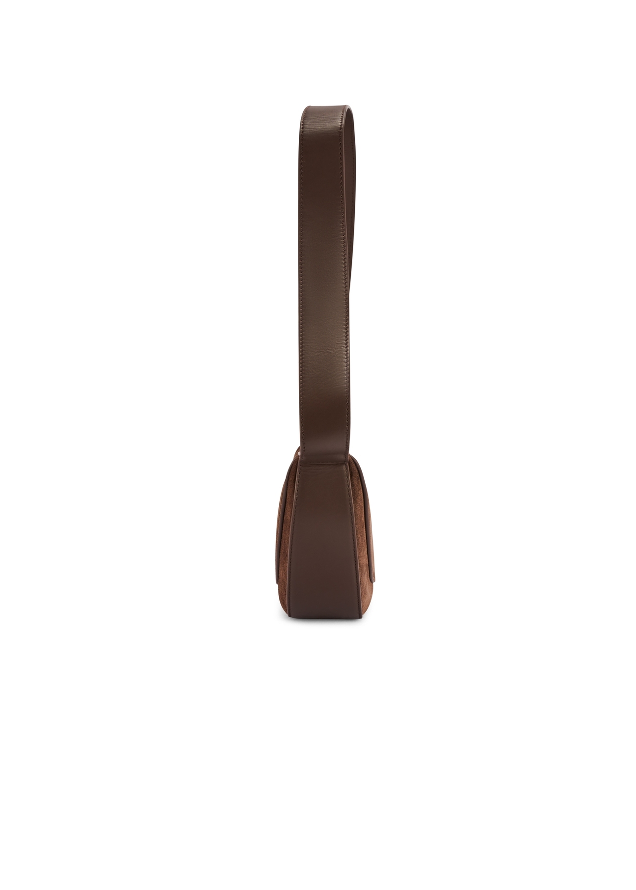 Brązowa zamszowa półokrągła torebka damska TORES-1178-89(Z25) - widok produktu z boku na białym tle.