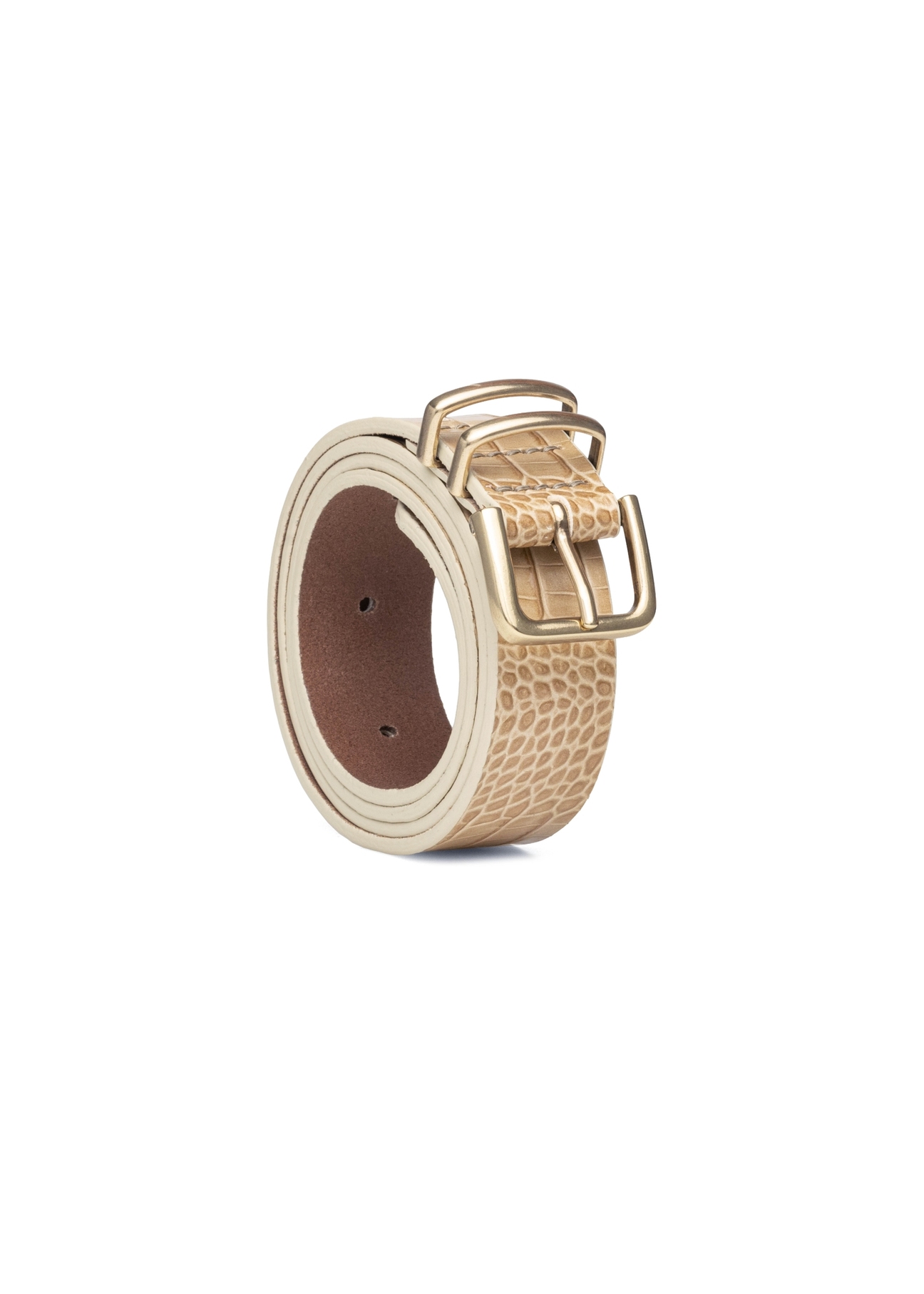 Beżowy skórzany pasek damski PASDS-0341-1A(W26), widok produktu skosem na białym tle.