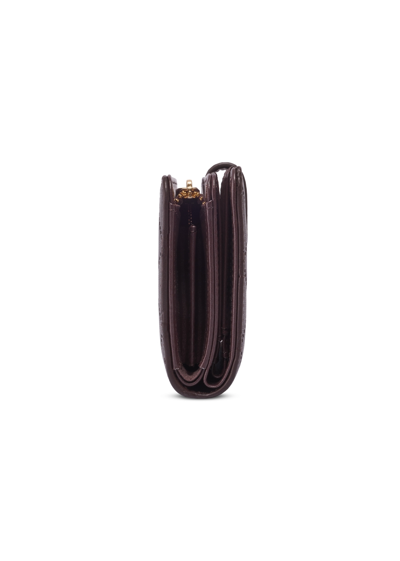 Brązowy portfel damski z monogramem POREC-0391A-1I(Z26), widok produktu z boku na białym tle.