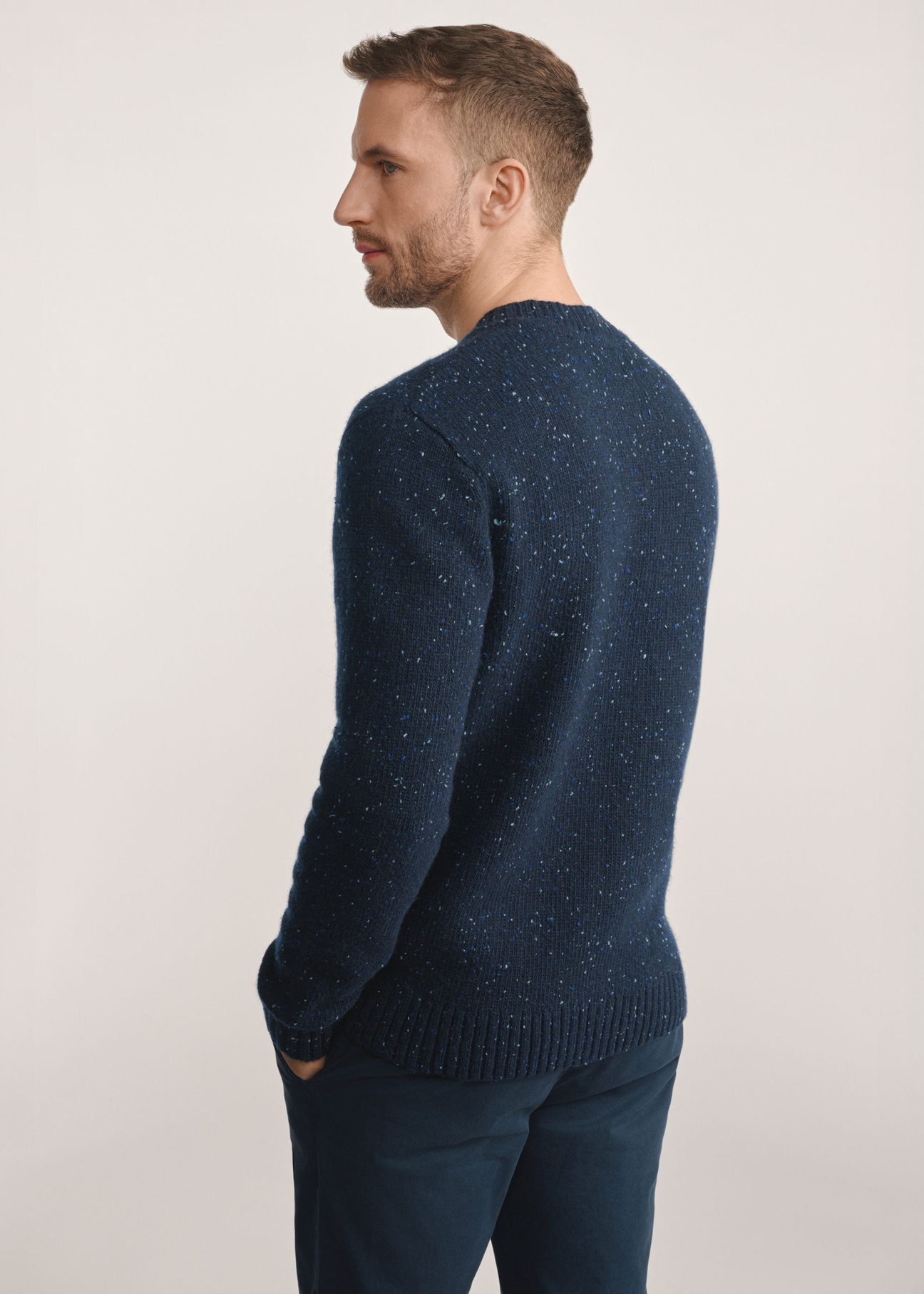 Granatowy sweter męski z wełną SWEMT-0173-7E(Z26), widok produktu z tyłu na modelu, widoczna cała sylwetka.