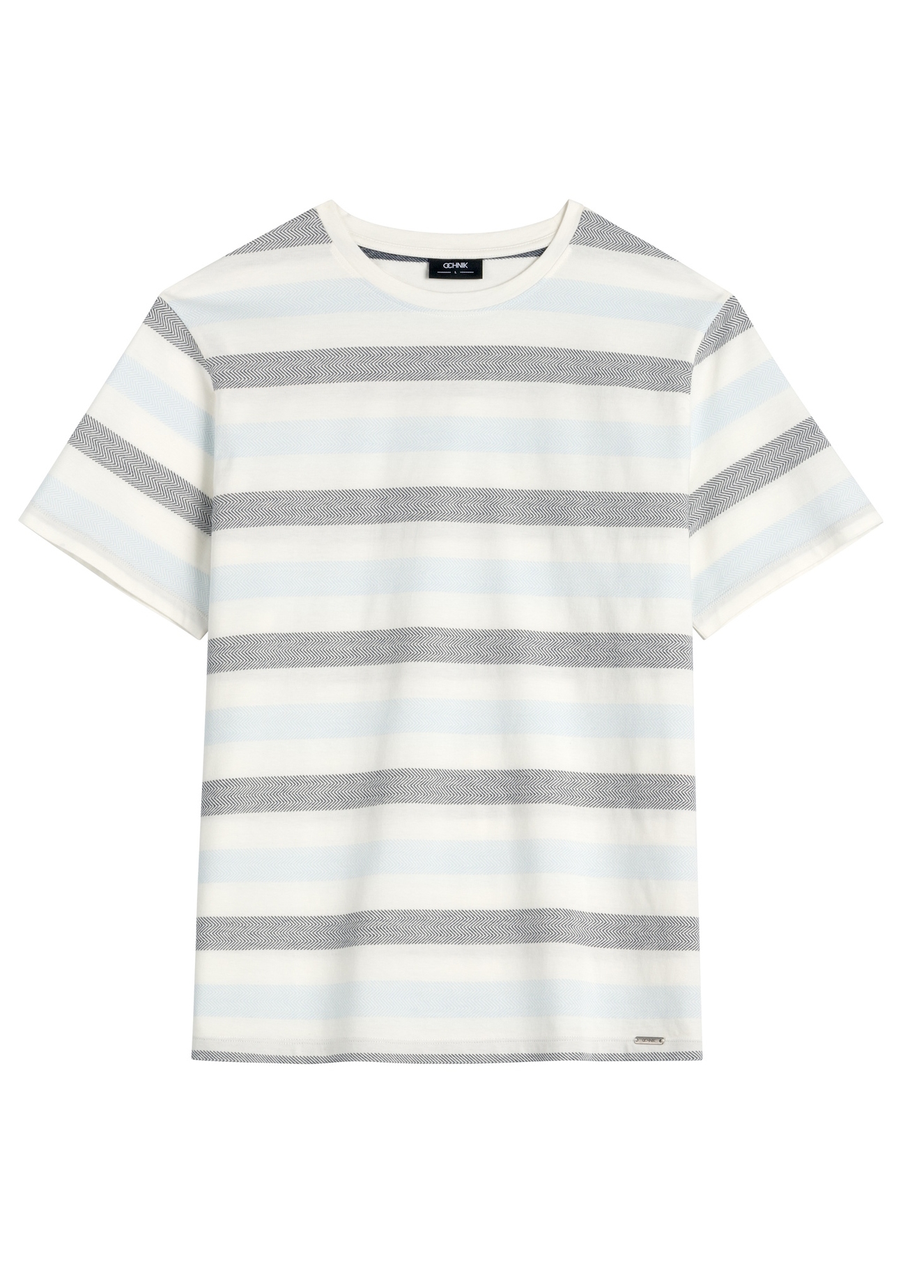 Bawełniany t-shirt męski w paski TSHMT-0143-00(W26), widok produktu z przodu na białym tle.