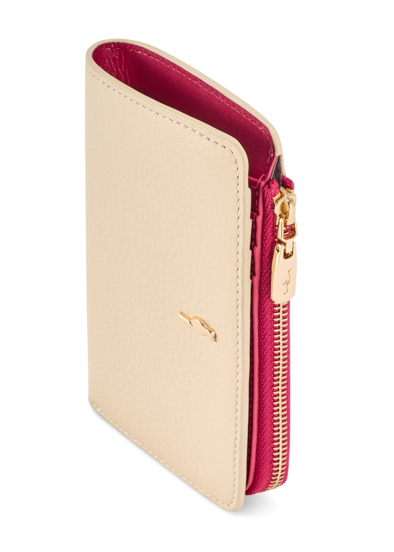 Skórzany kremowy portfel damski PORES-0983-0P(W26), zbliżenie na detal produktu na białym tle.