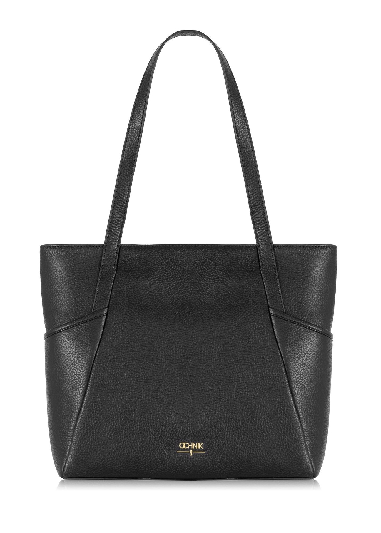 Czarna skórzana torebka shopper TORES-0980-9I(Z26) - widok produktu z przodu, na białym tle. 