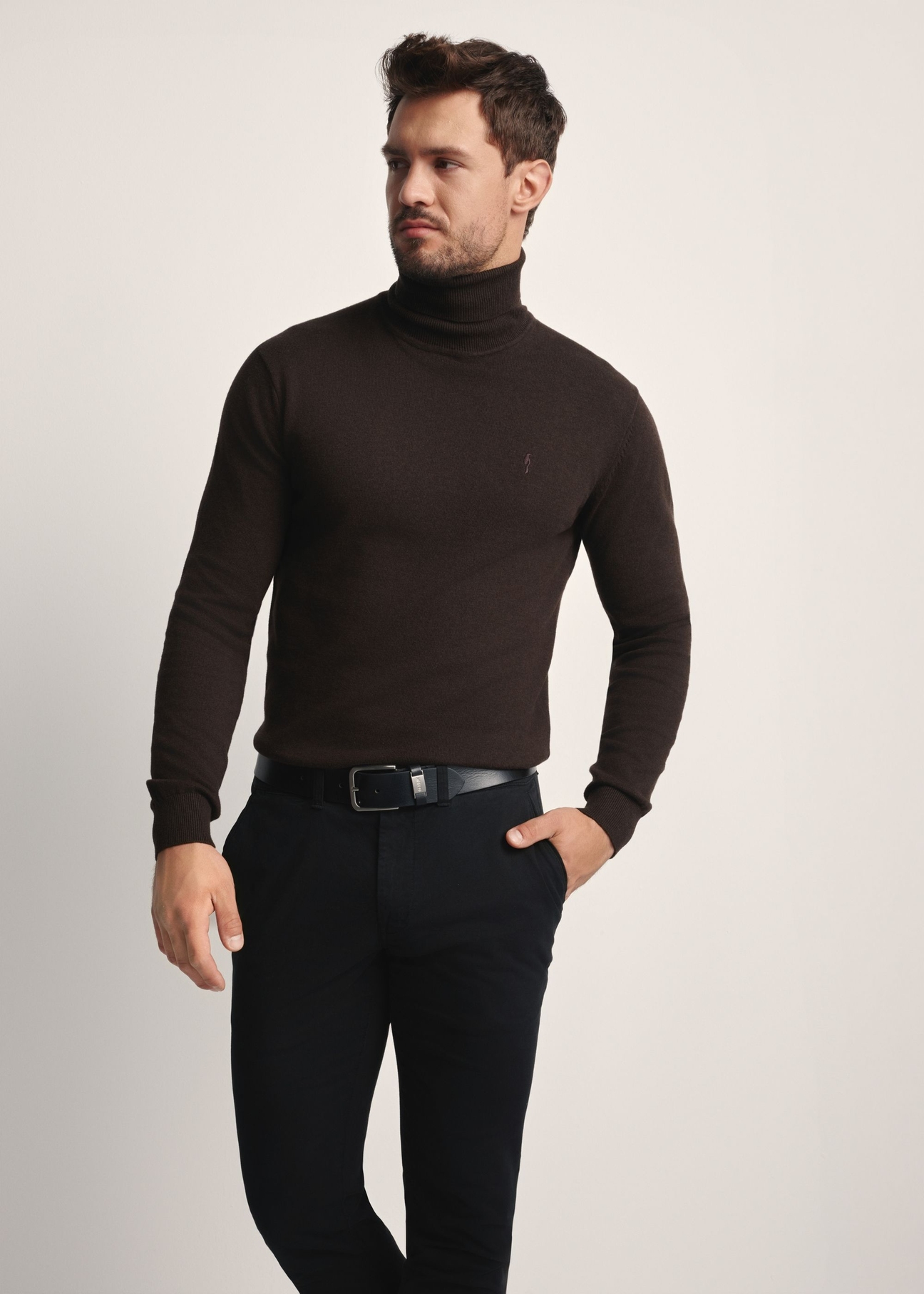 Sweter męski z golfem w kolorze ciemnobrązowym SWEMT-0095B-1I(Z26), widok produktu od przodu na modelu, widoczna połowa sylwetki.