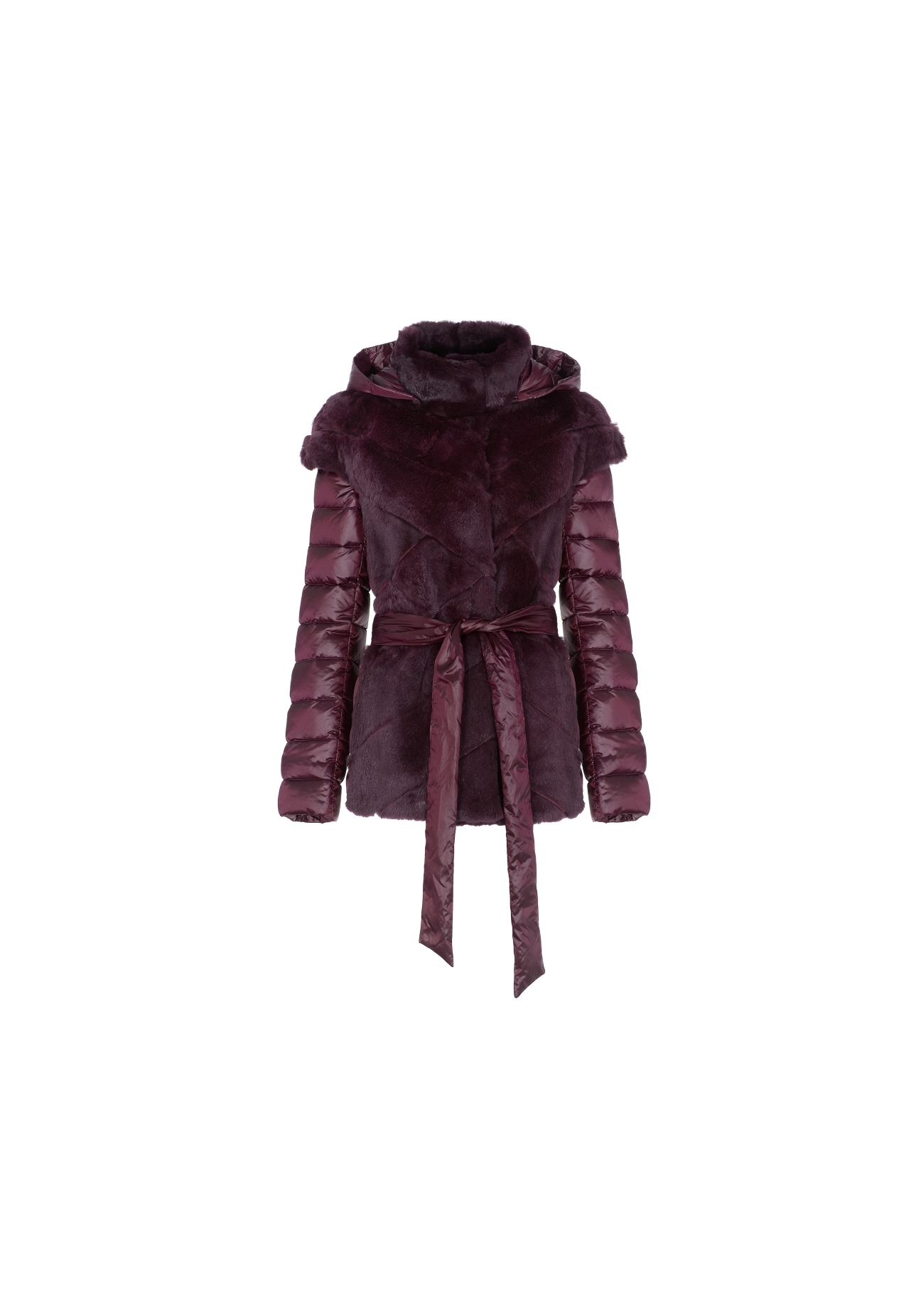 Bordowe futro damskie z kapturem naturalne FUTDT-0023-5513(Z20)-02