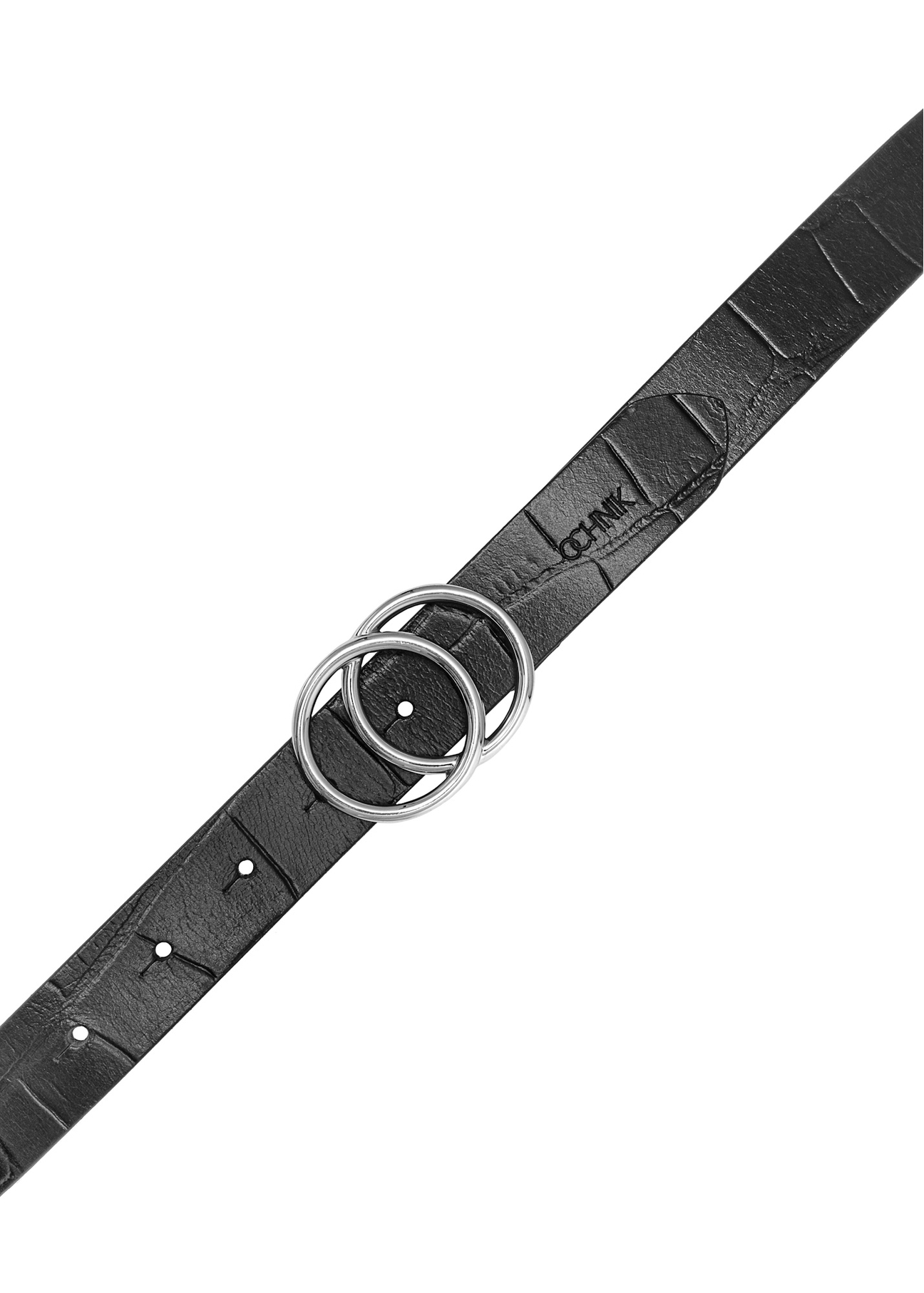 Czarny pasek damski z motywem croco PASDS-0172E-99(Z25), widok produktu z klamrą na białym tle.